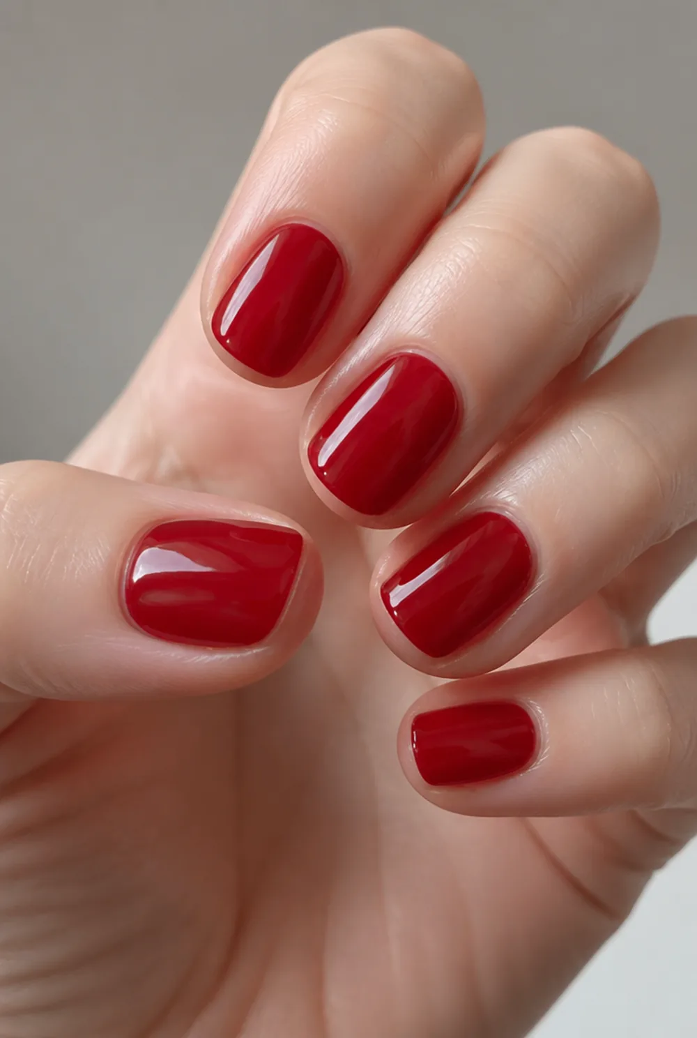 sheer red jelly nail art on fair skin, short length