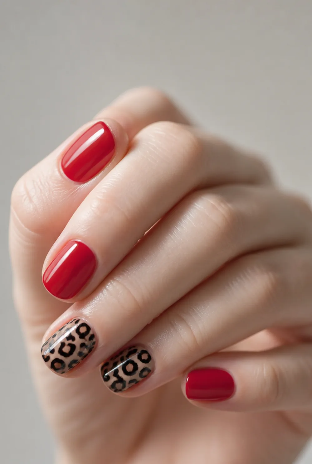 red and leopard accent nail art on fair skin, short length