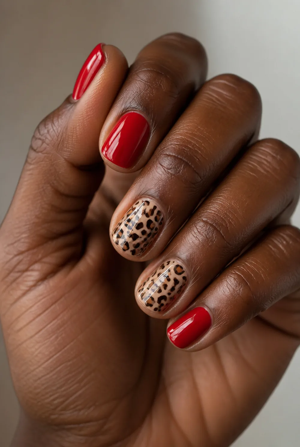red and leopard accent nail art on deep brown skin