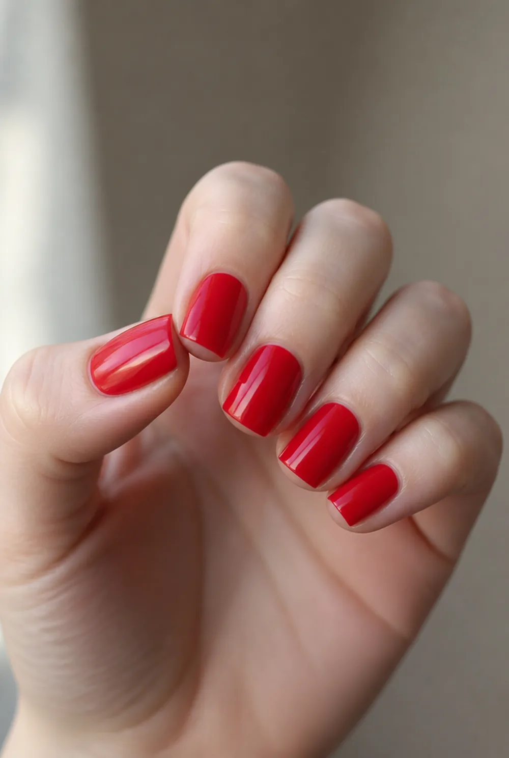 fire-engine square nail art on fair skin, short length