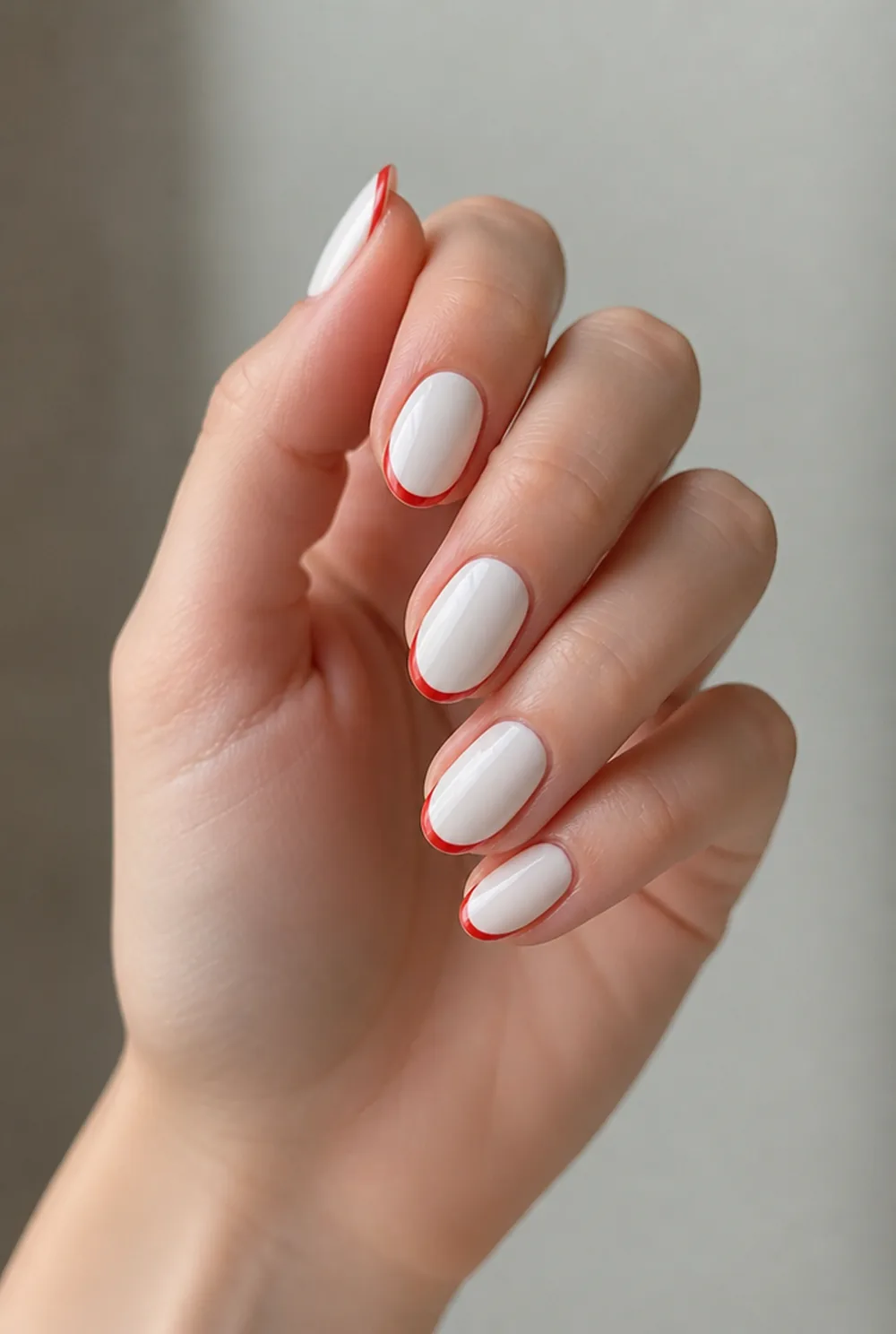 red french tips nail art on fair skin, short length