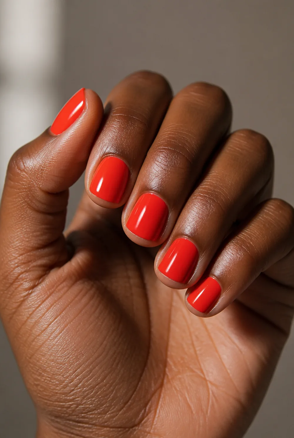 tomato red short nails nail art on deep brown skin