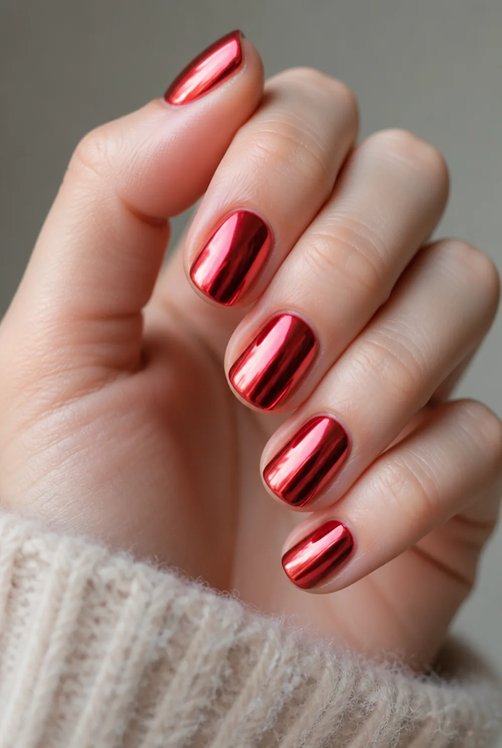 red chrome nail art on fair skin, short length