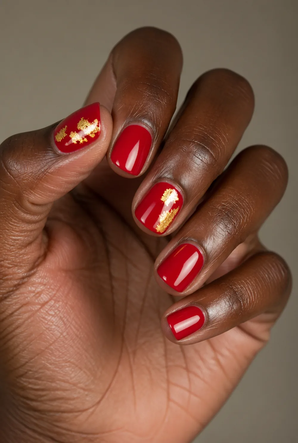 red with gold foil nail art on deep brown skin
