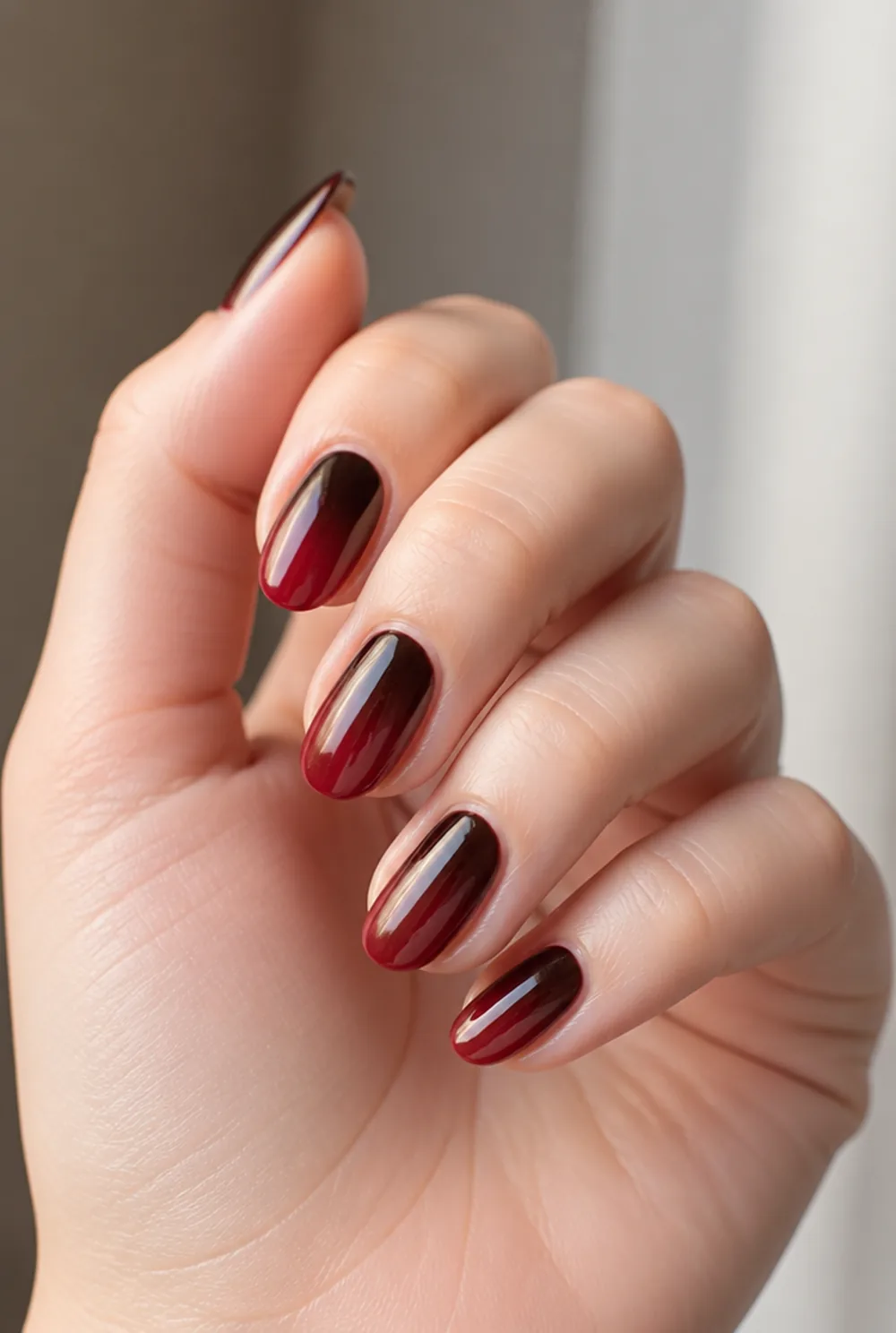 chocolate cherry ombre nail art on fair skin, short length
