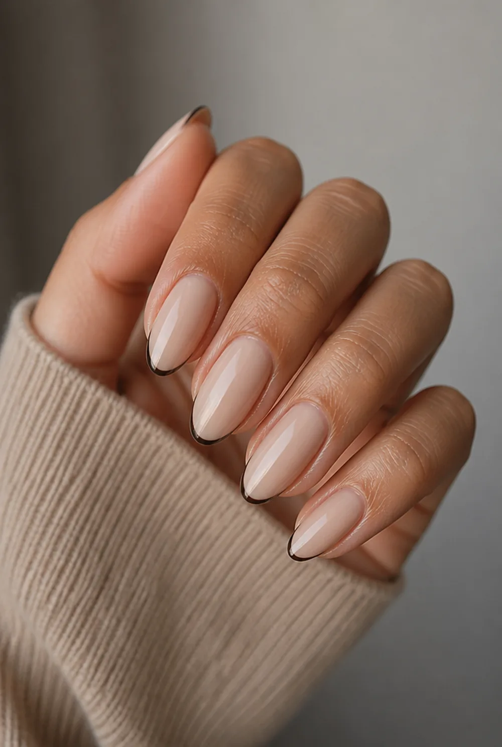 espresso micro french nail art on olive skin, long length