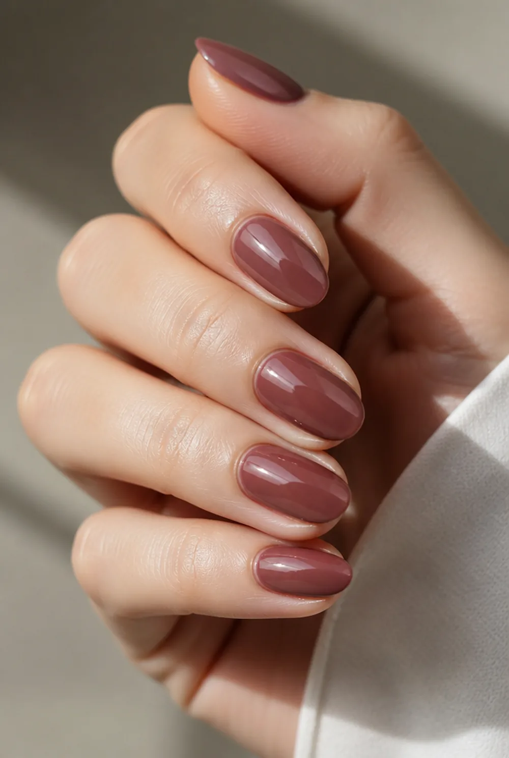 blackened rose nail art on fair skin, short length
