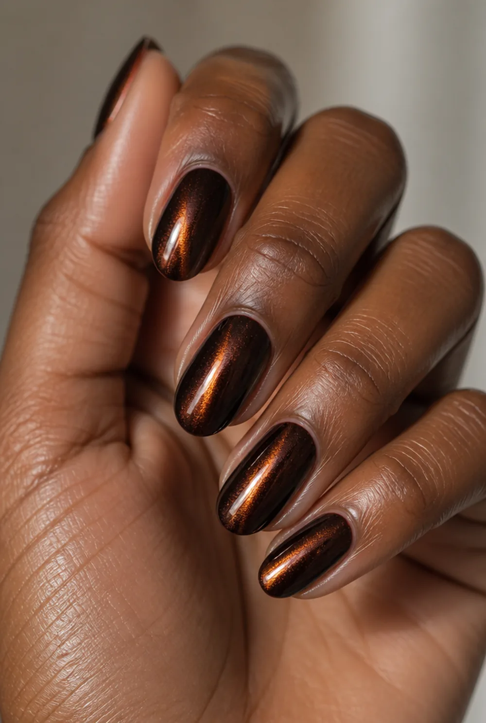 espresso cat eye nail art on deep brown skin