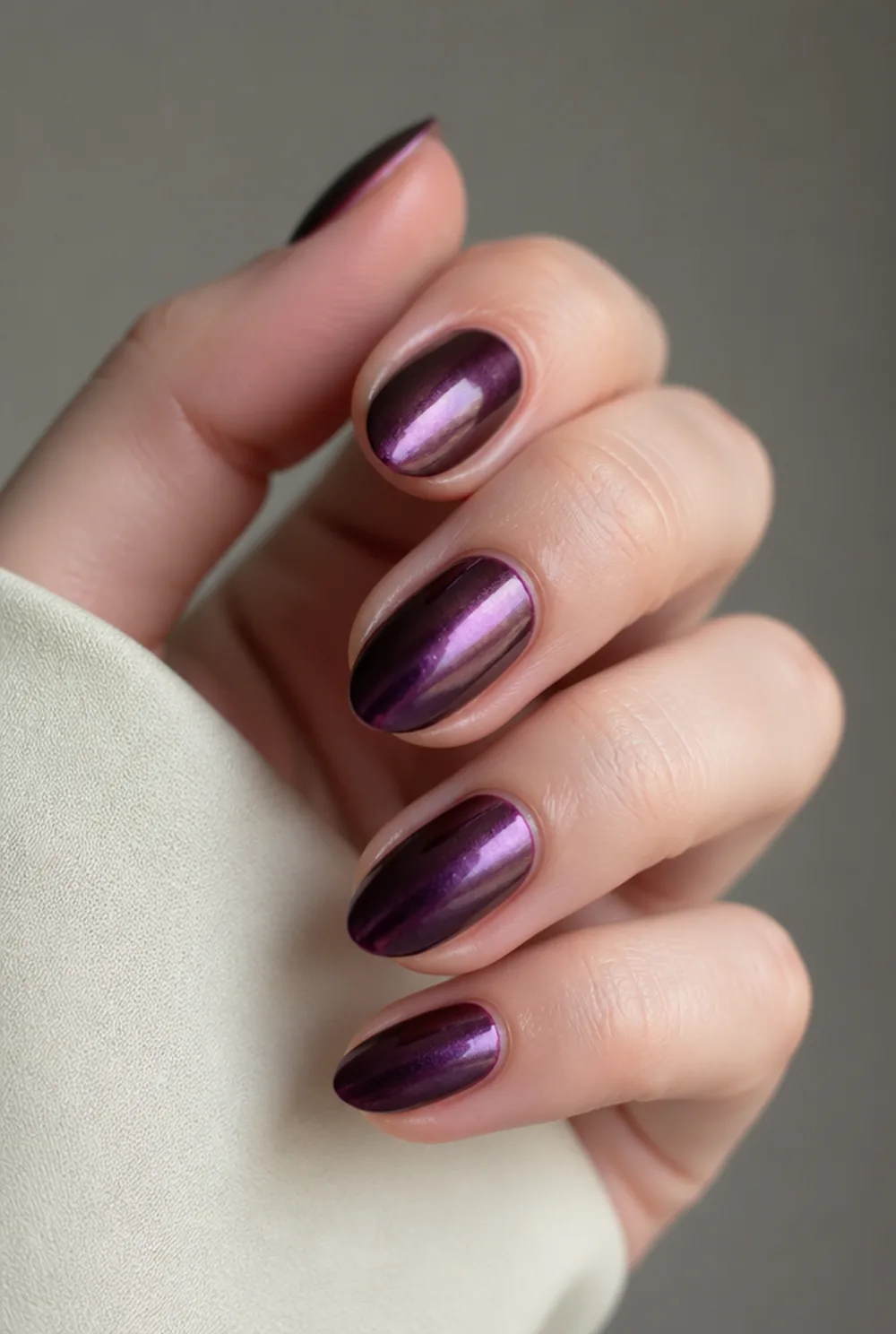 deep plum chrome nail art on fair skin, short length