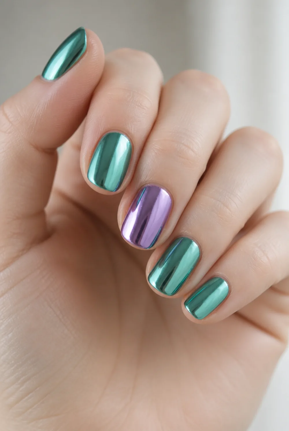 ariel teal chrome nail art on fair skin, short length