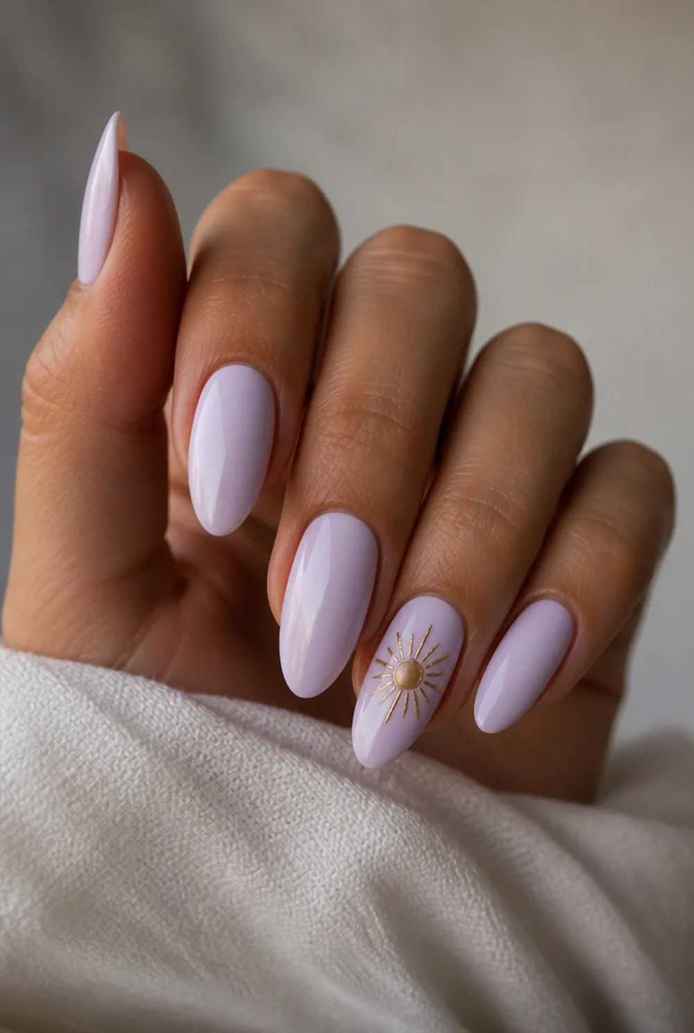 rapunzel lavender nail art on olive skin, long length