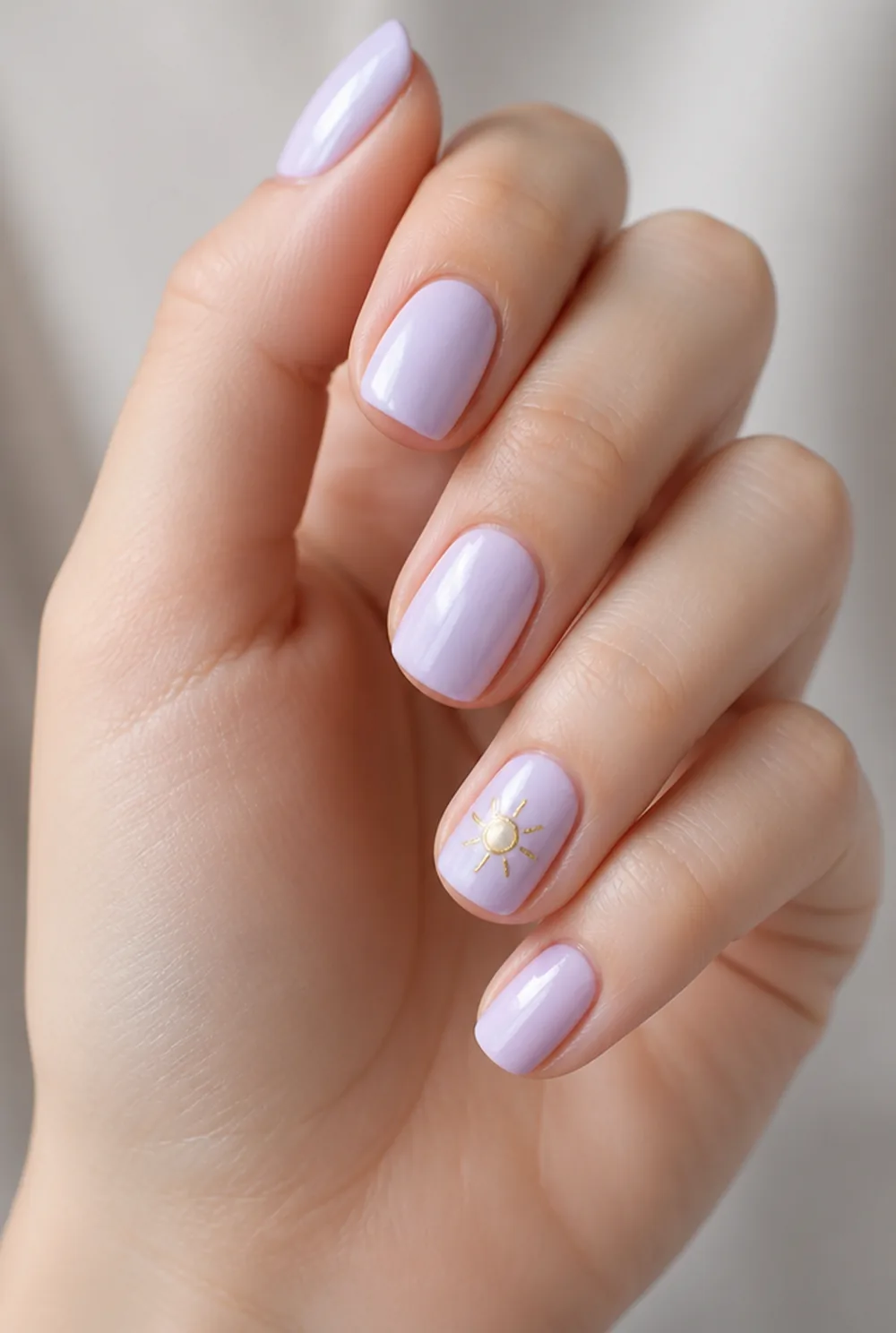 rapunzel lavender nail art on fair skin, short length