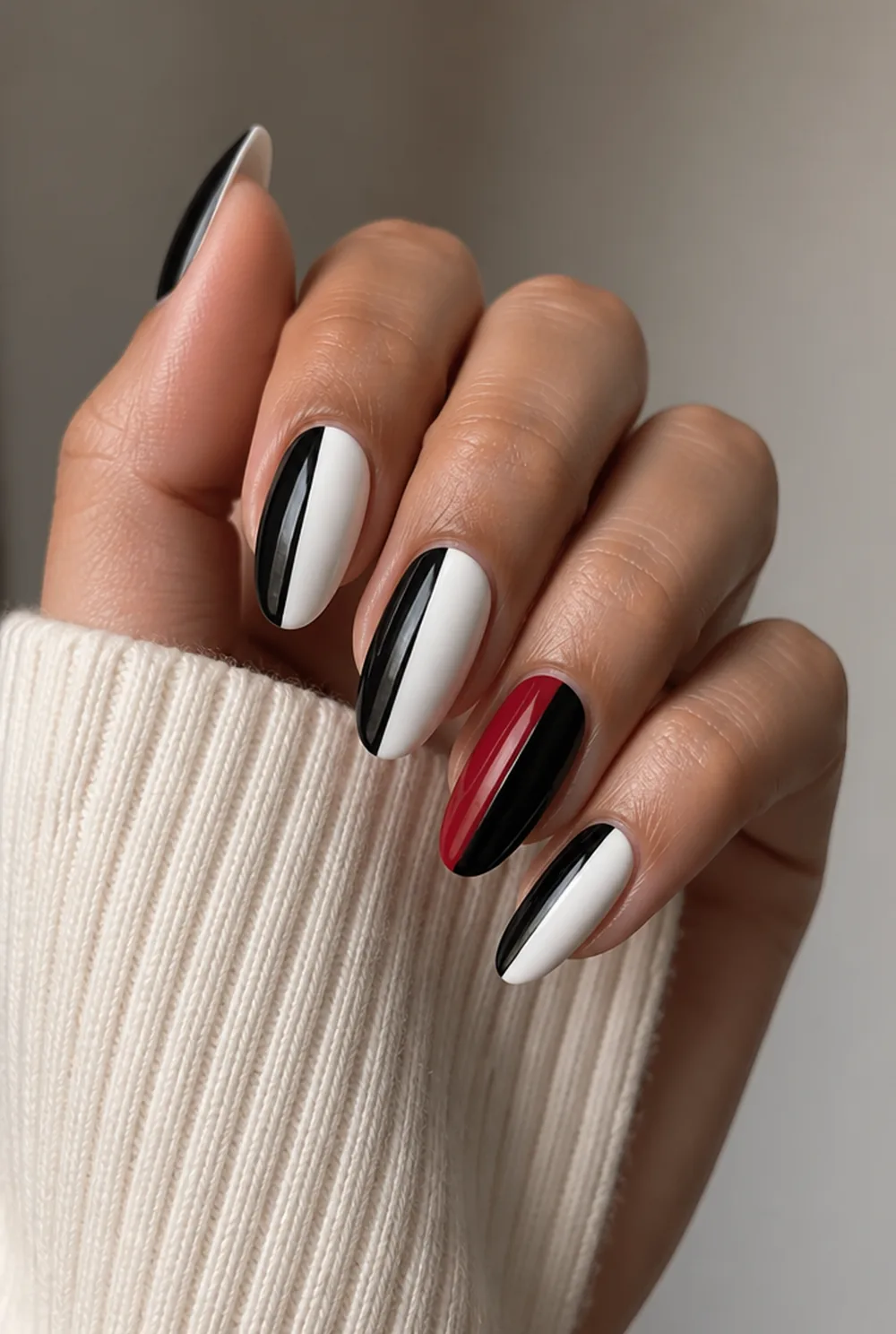 cruella split nail art on olive skin, long length