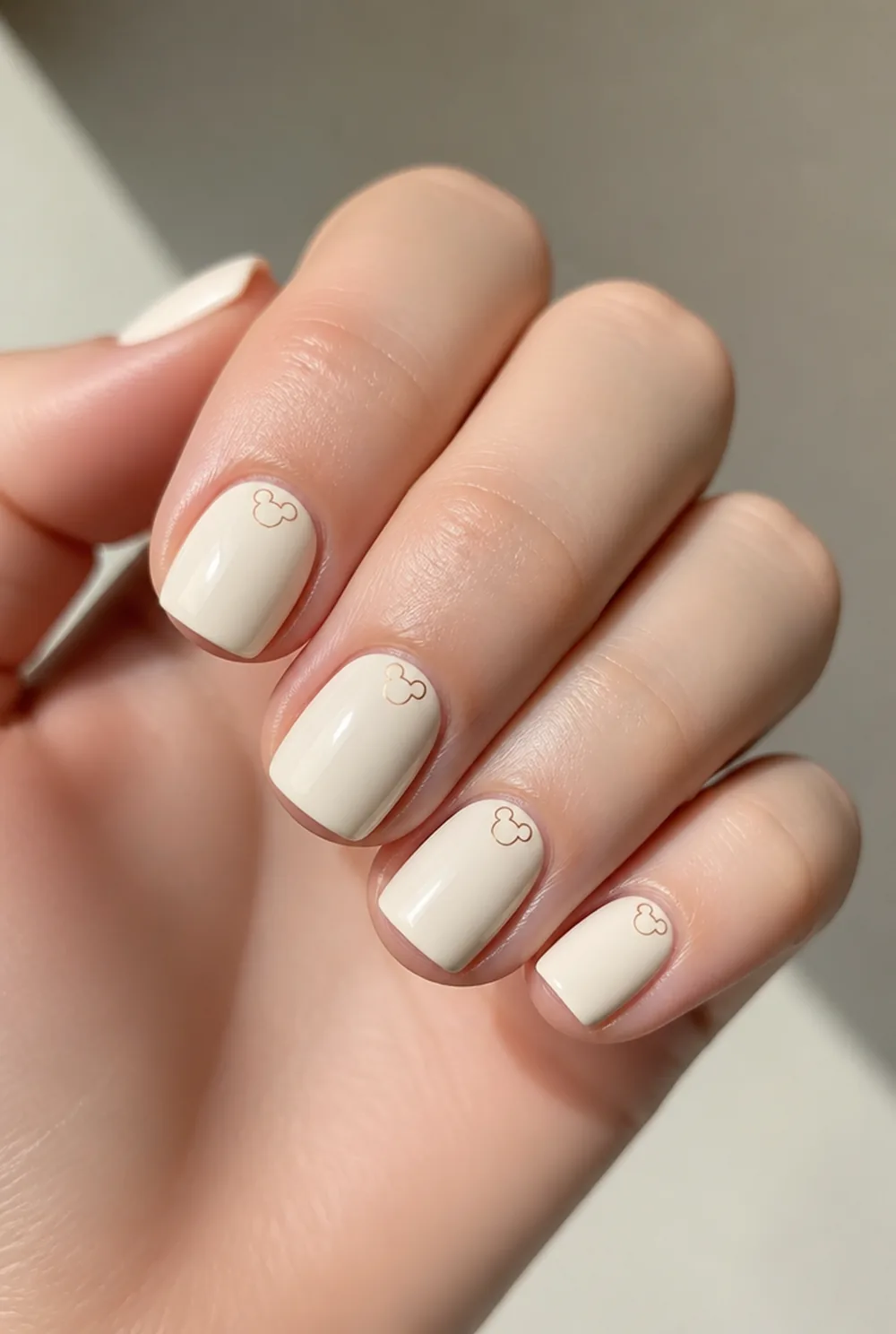 hidden mickey negative space nail art on fair skin, short length