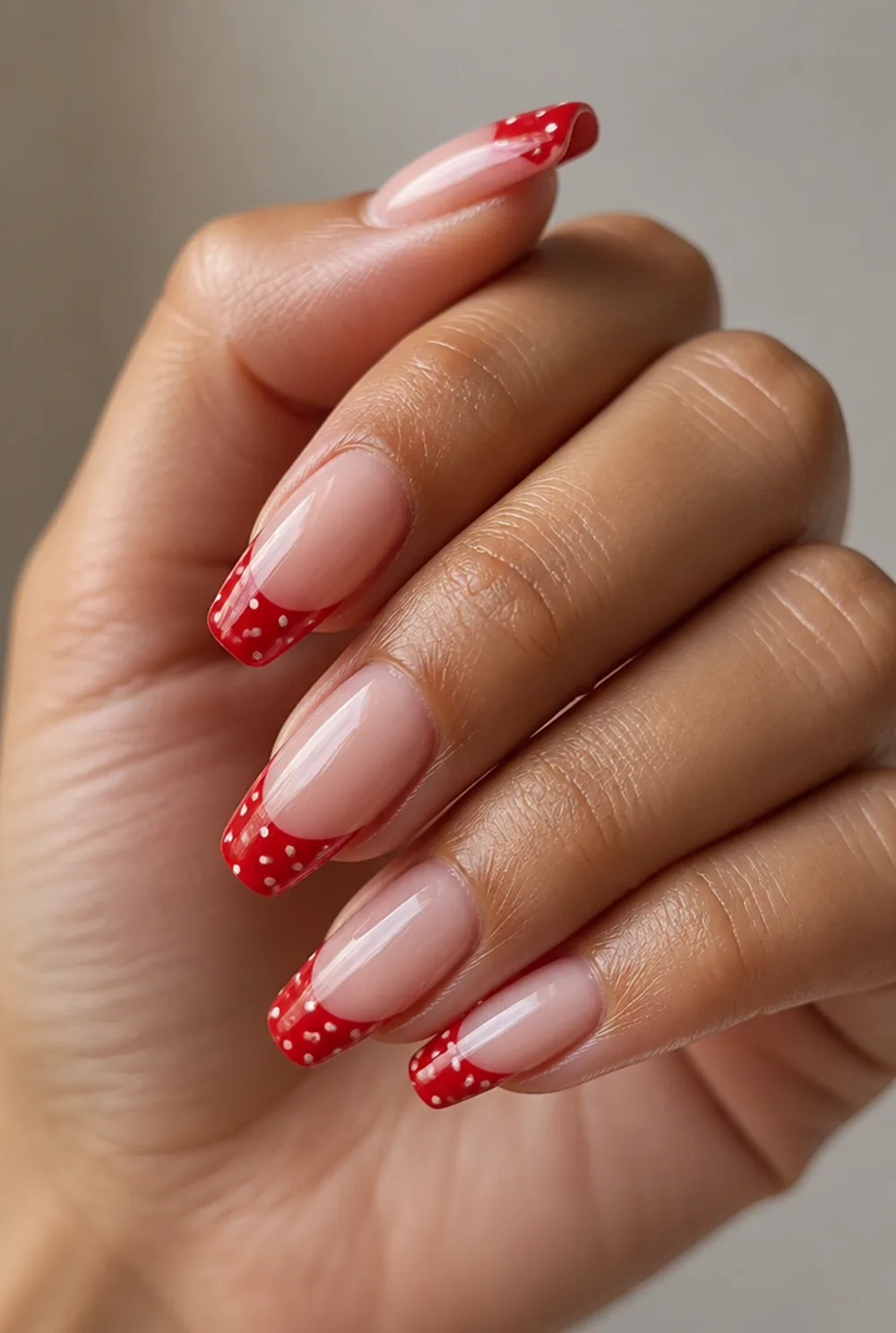 minnie polka french nail art on olive skin, long length