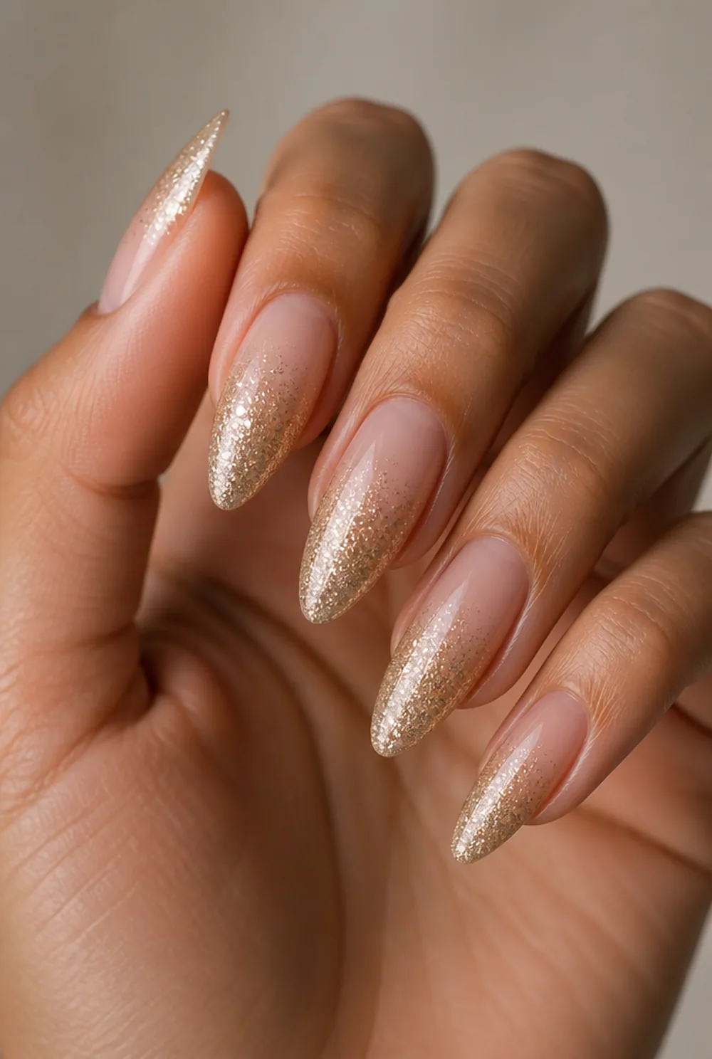 pixie dust gradient nail art on olive skin, long length