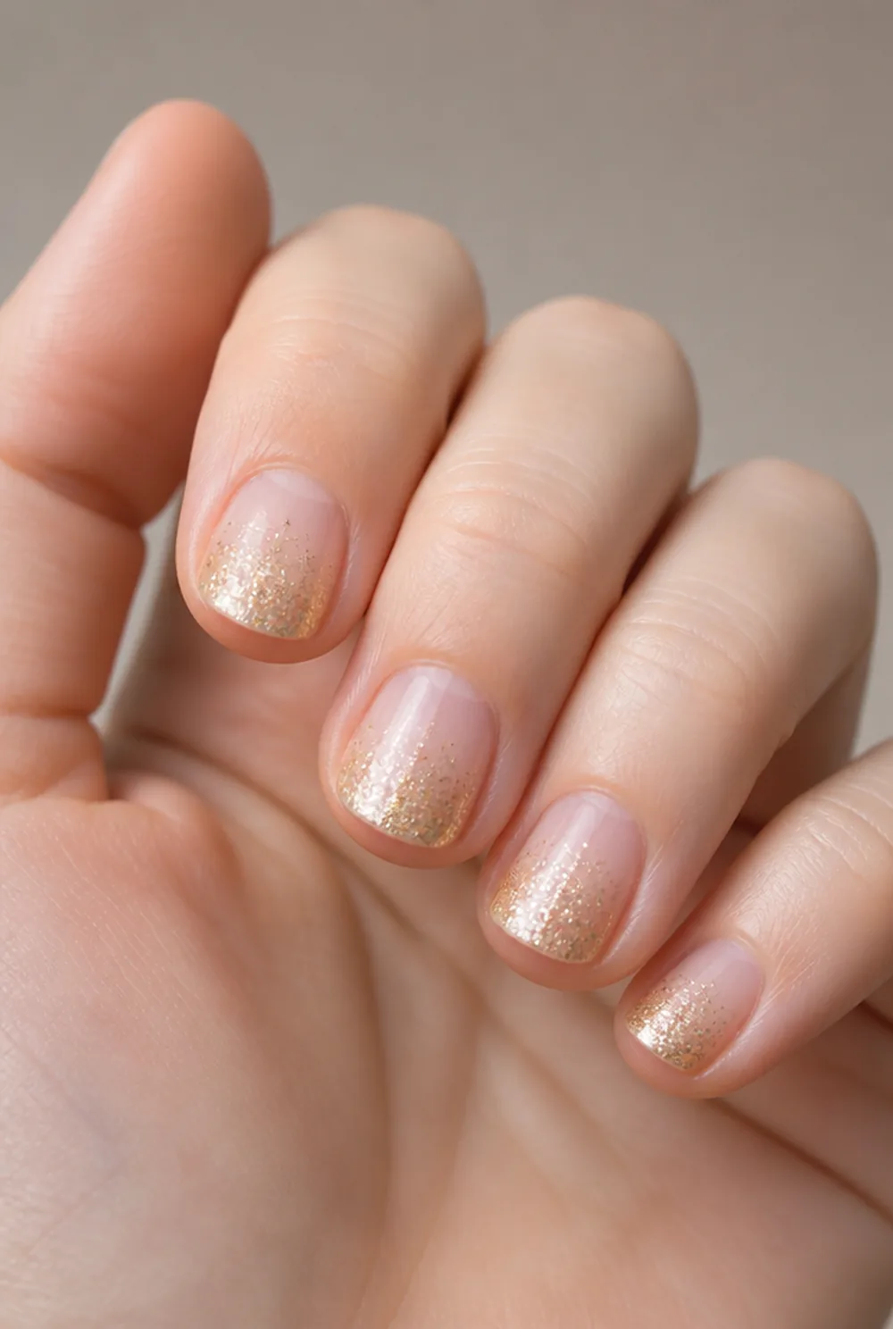 pixie dust gradient nail art on fair skin, short length