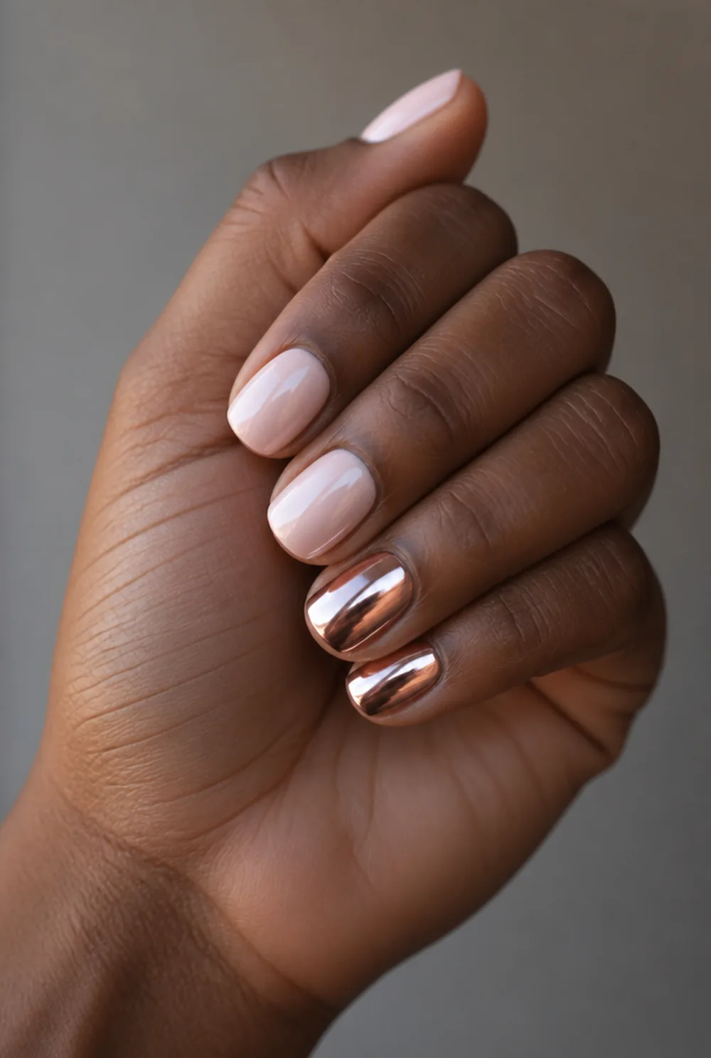 rose gold ears chrome nail art on deep brown skin