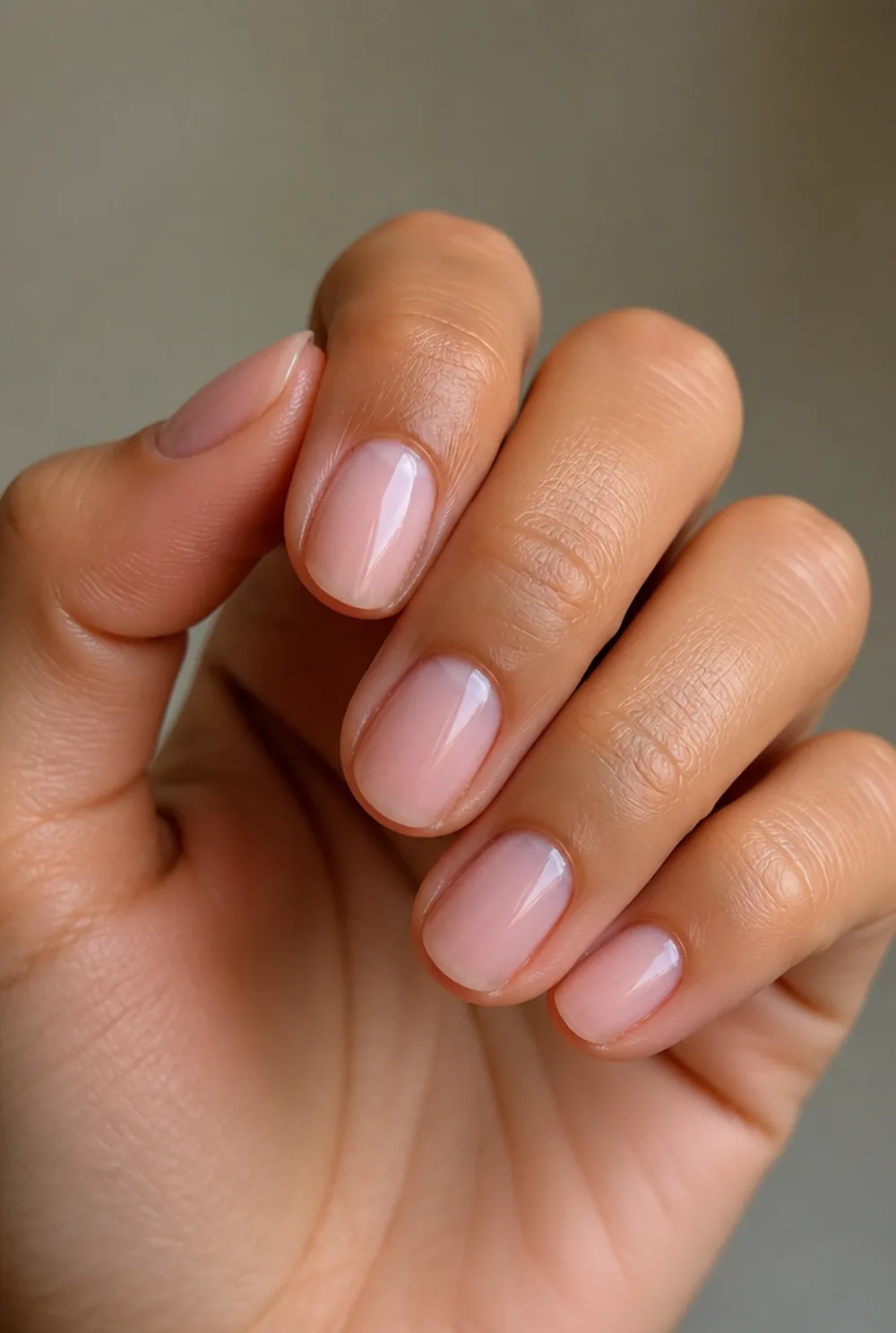 sheer pink gloss nail art on olive skin, long length