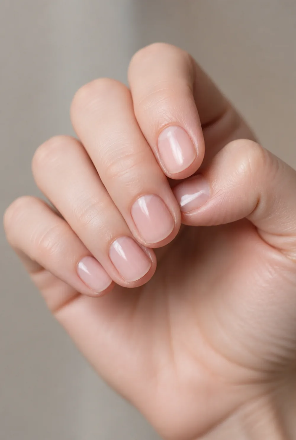 sheer pink gloss nail art on fair skin, short length