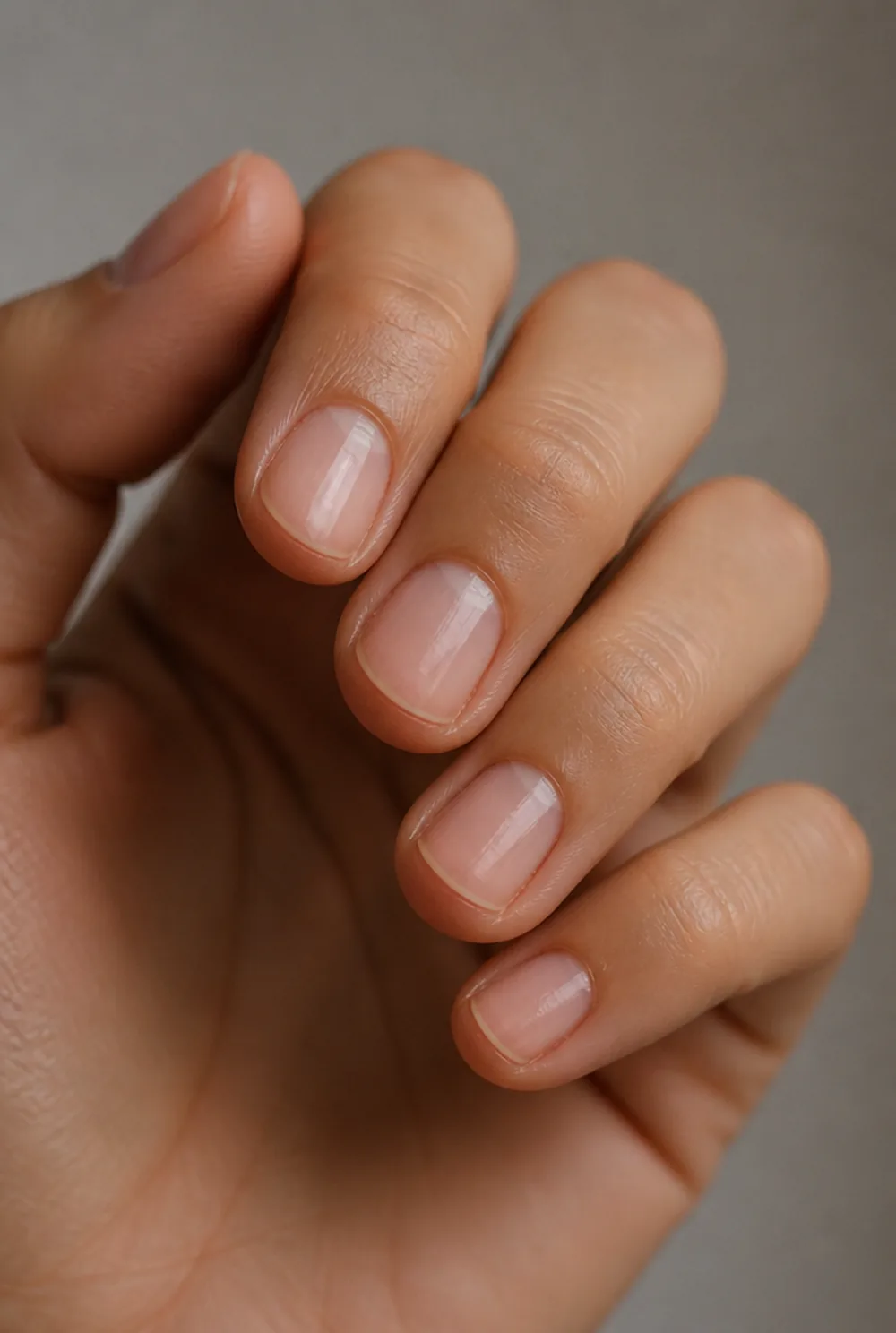 buffed and oiled natural nail art on olive skin, long length