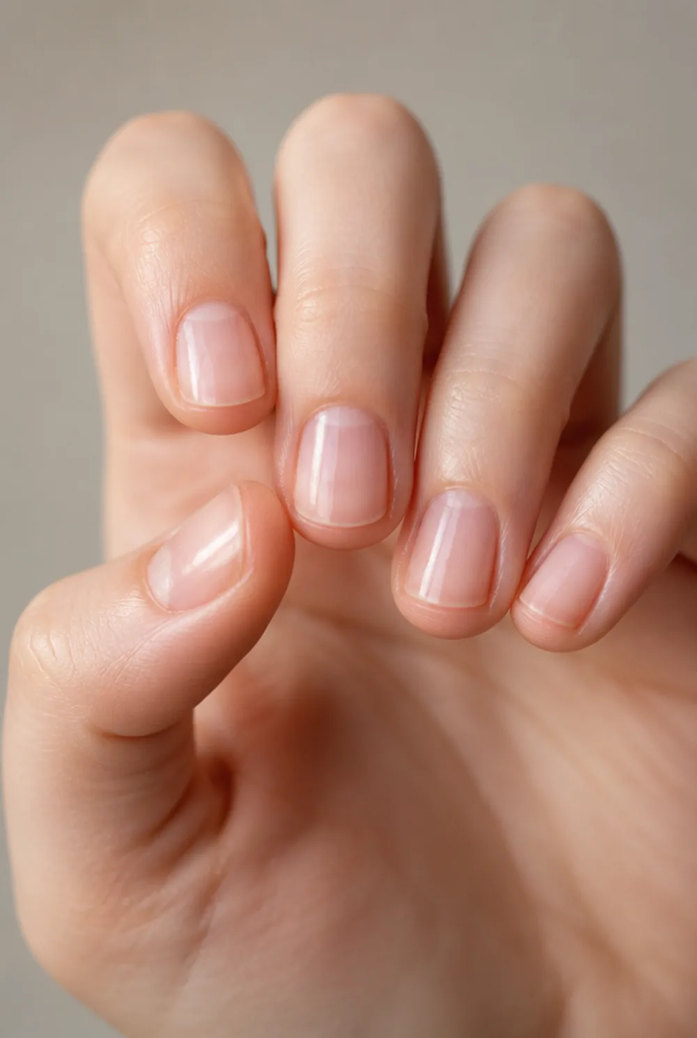 buffed and oiled natural nail art on fair skin, short length