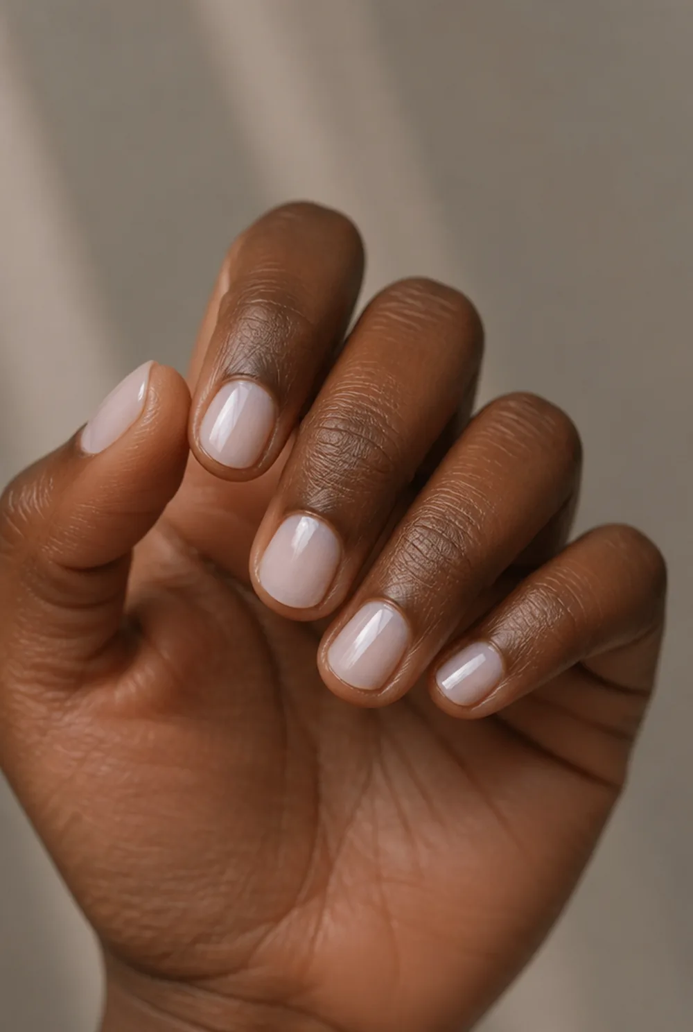 milky white nail art on deep brown skin