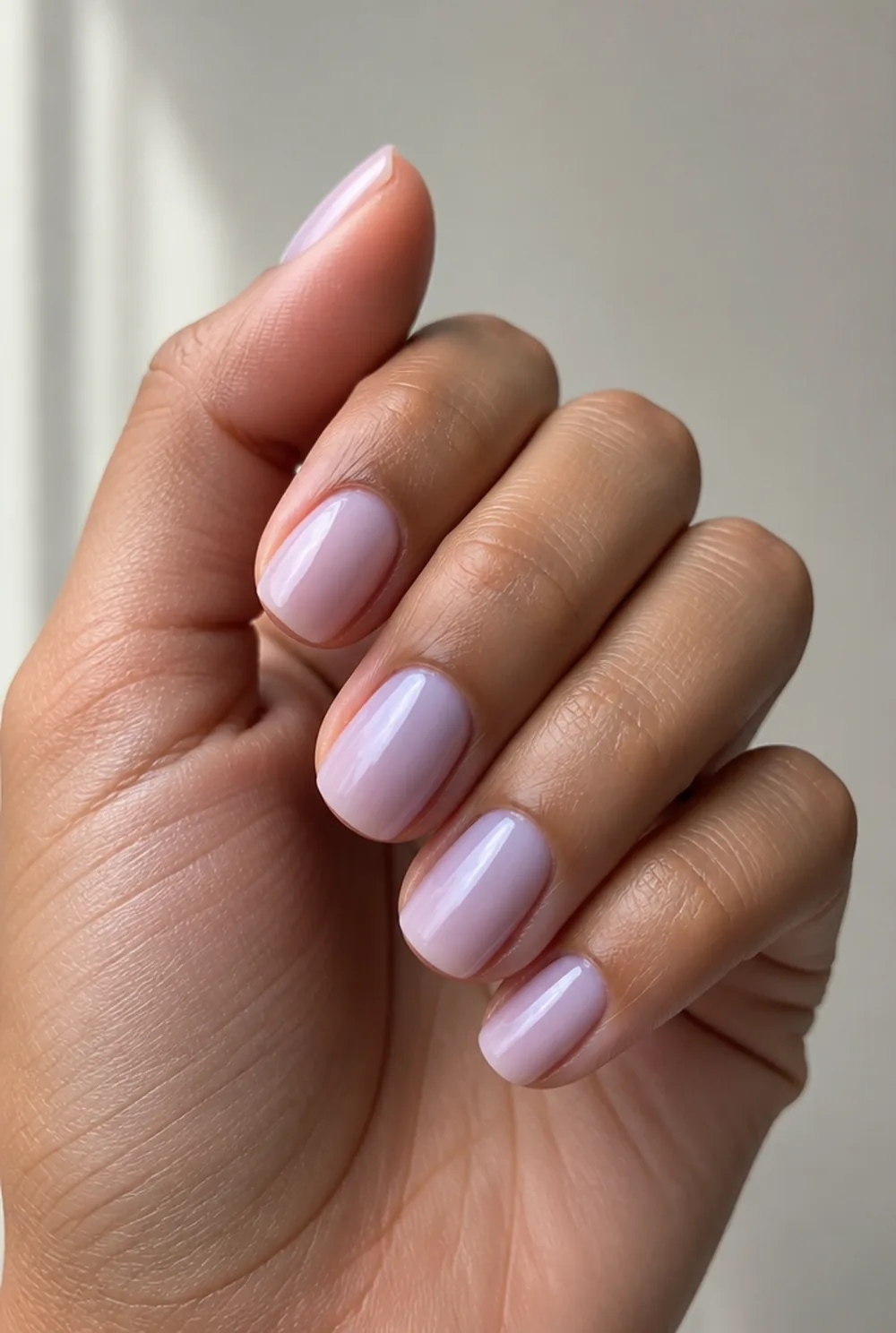 barely-there lavender nail art on olive skin, long length