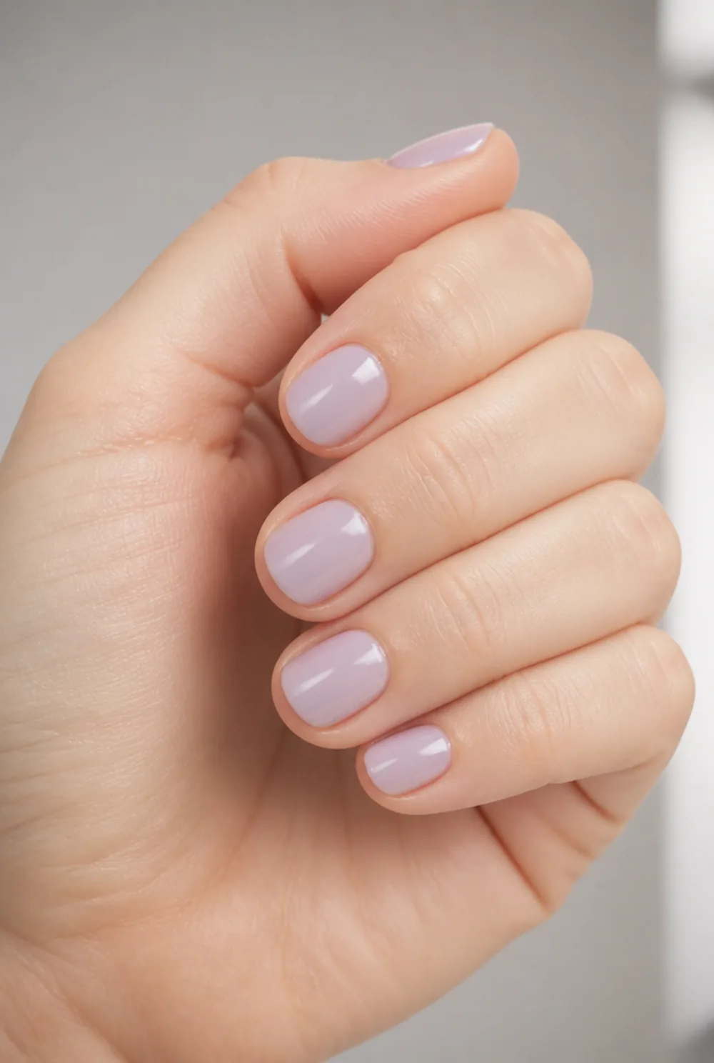 barely-there lavender nail art on fair skin, short length