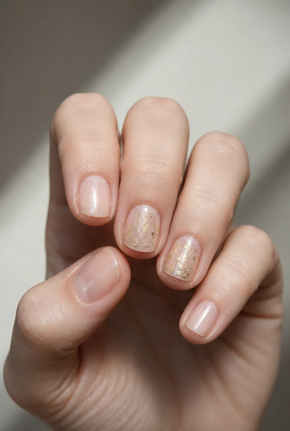 gold fleck accent nail art on fair skin, short length