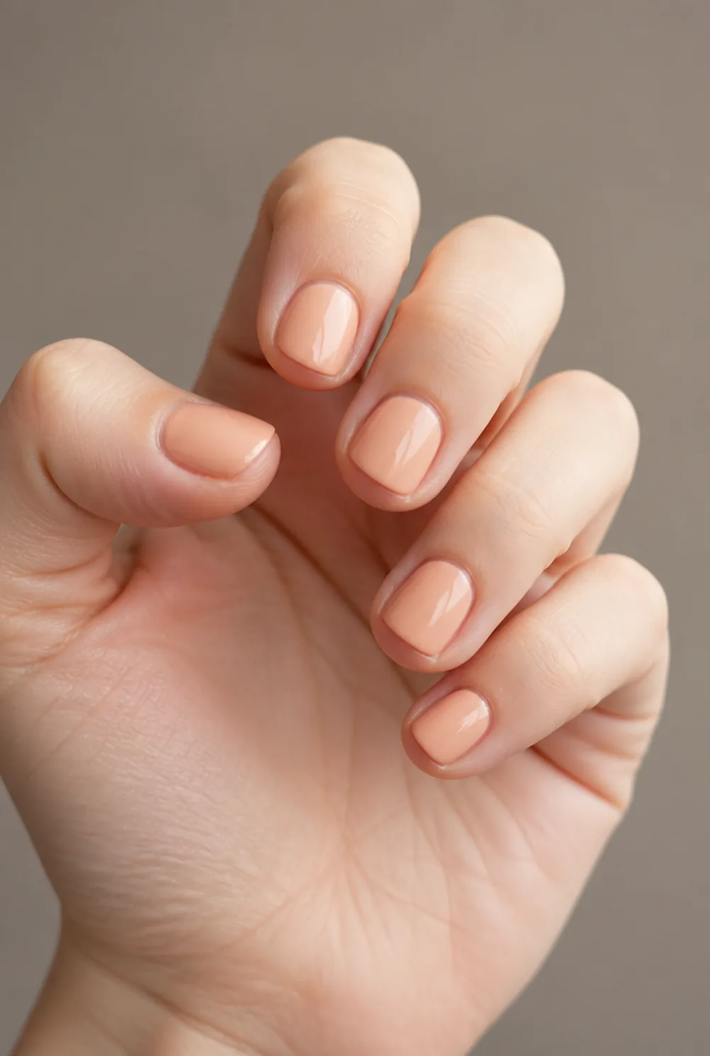 peach whip nail art on fair skin, short length
