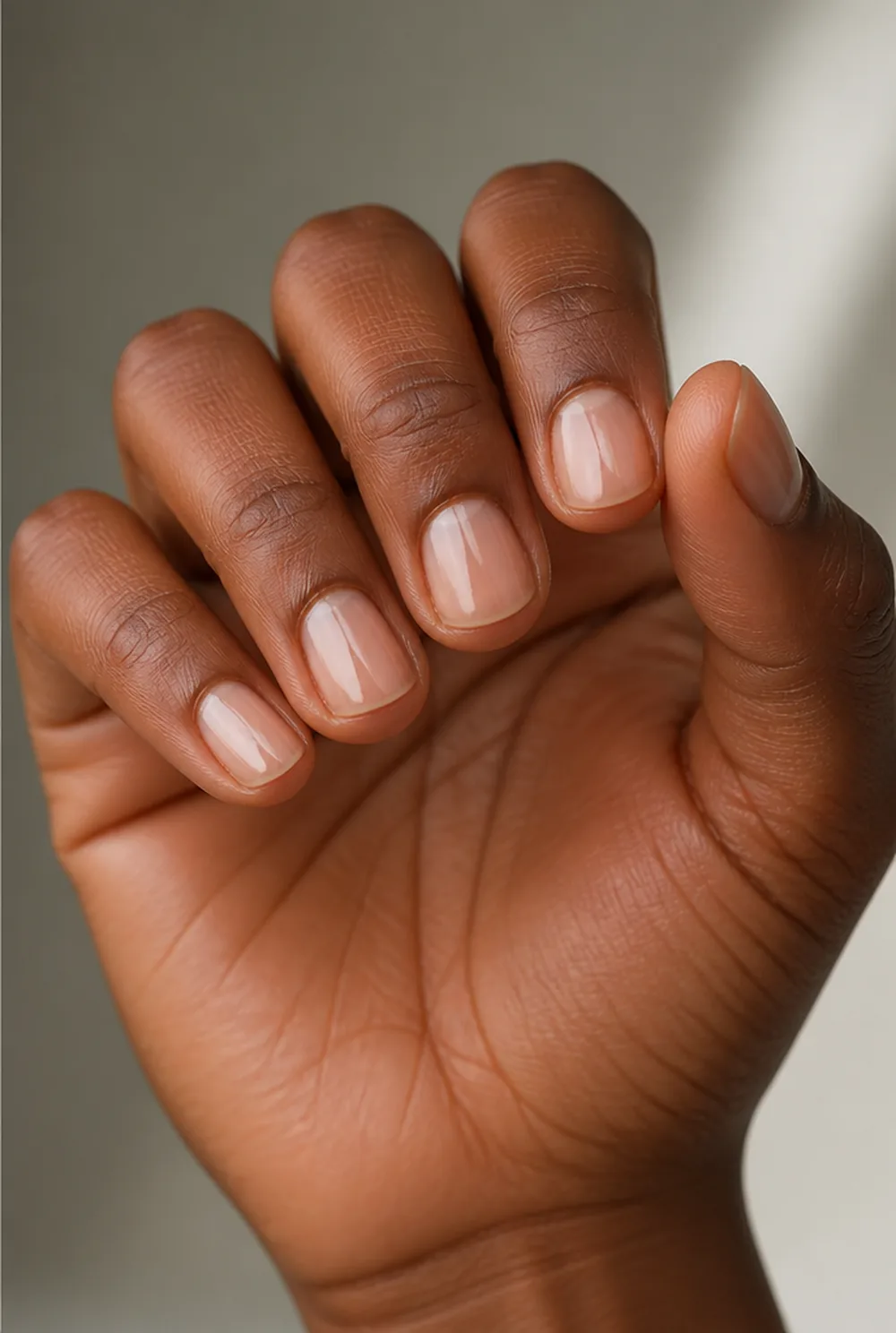 clear high-gloss nail art on deep brown skin