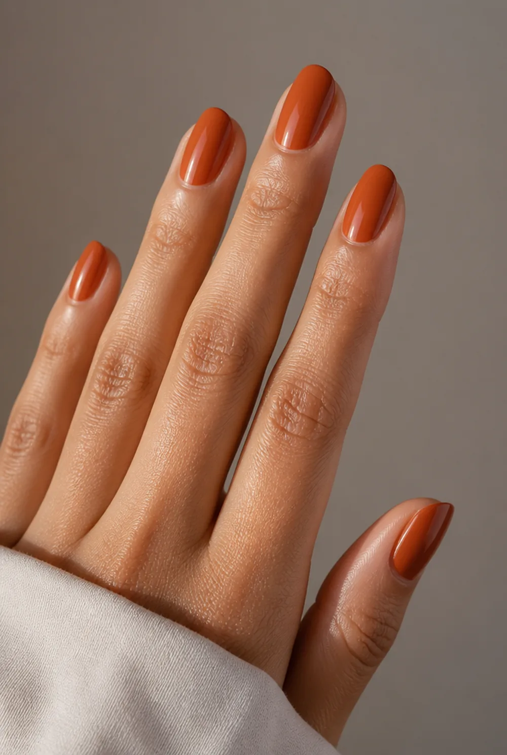 terracotta nail art on olive skin, long length