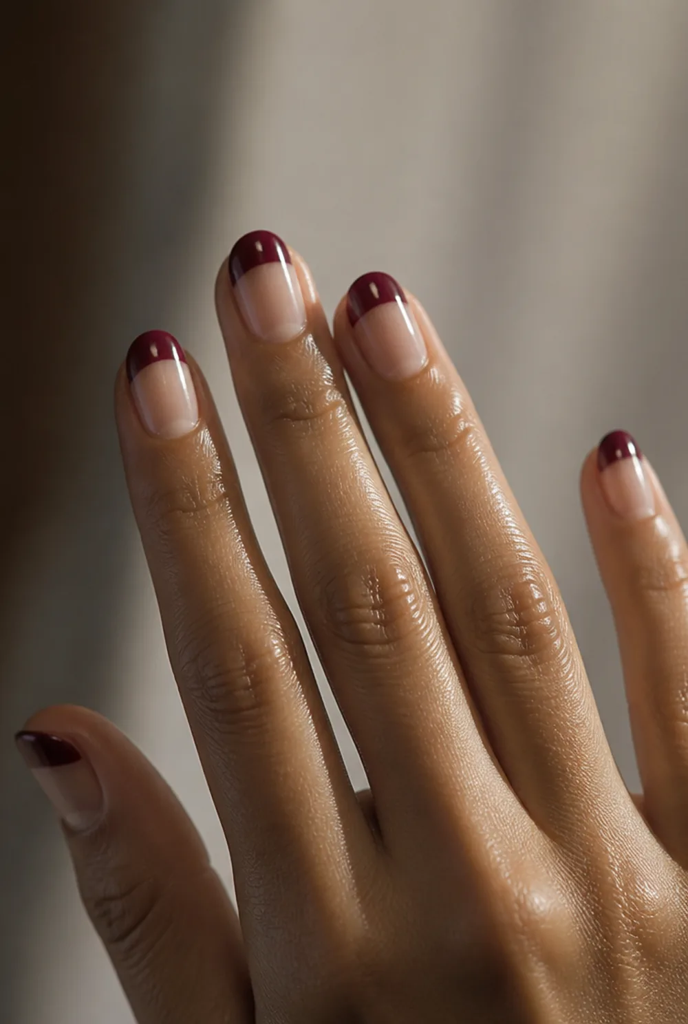 negative space arc nail art on olive skin, long length