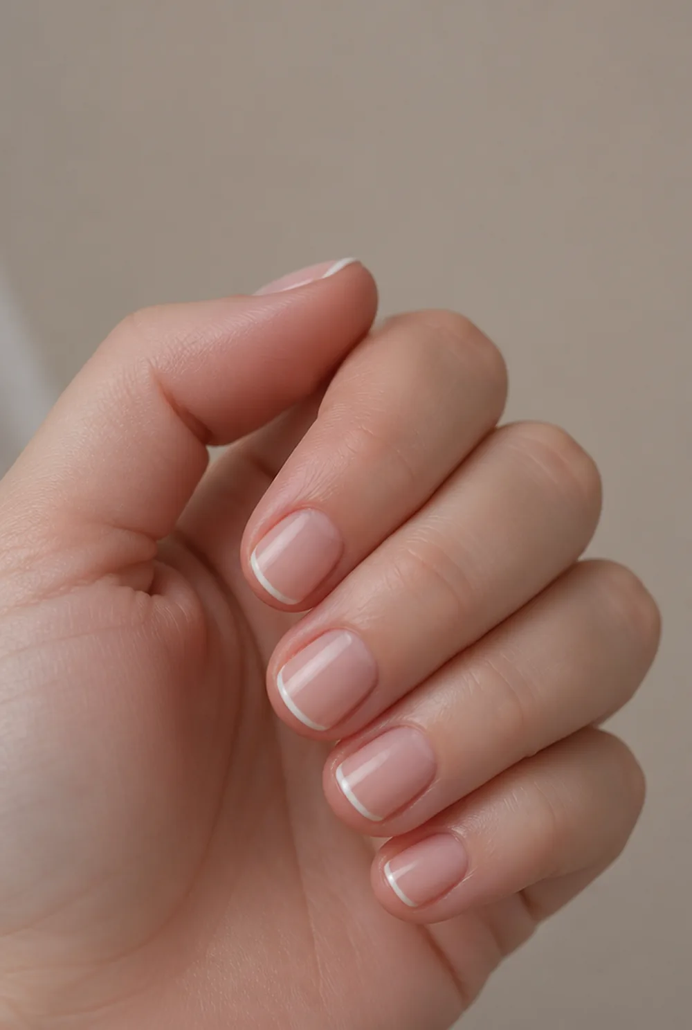 micro french nail art on fair skin, short length