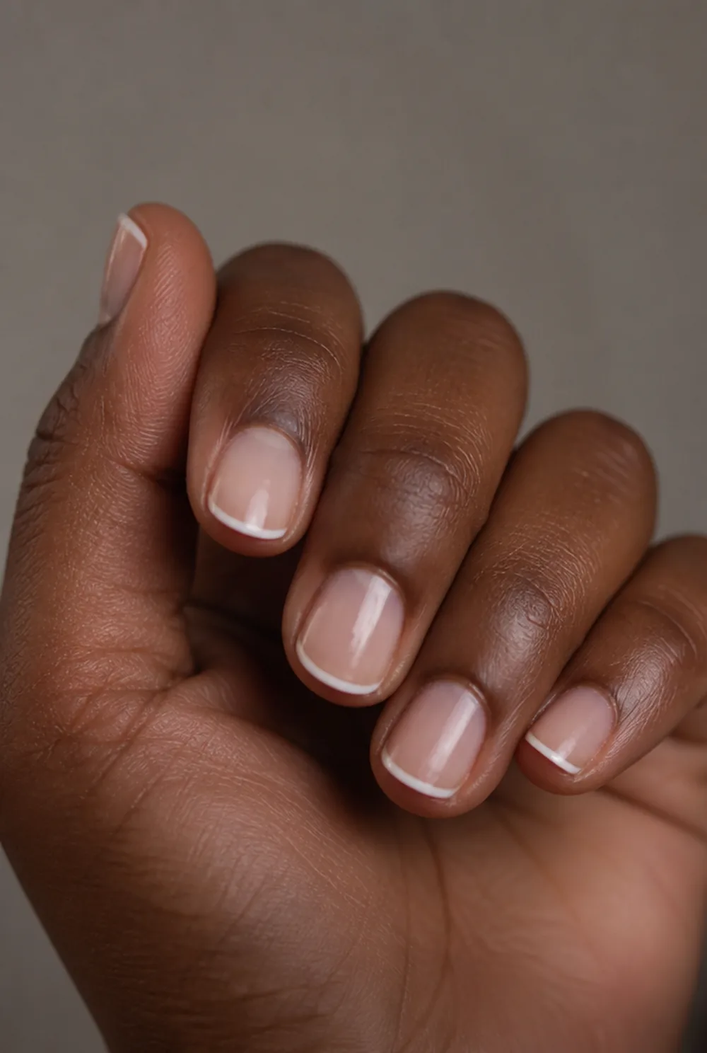 micro french nail art on deep brown skin