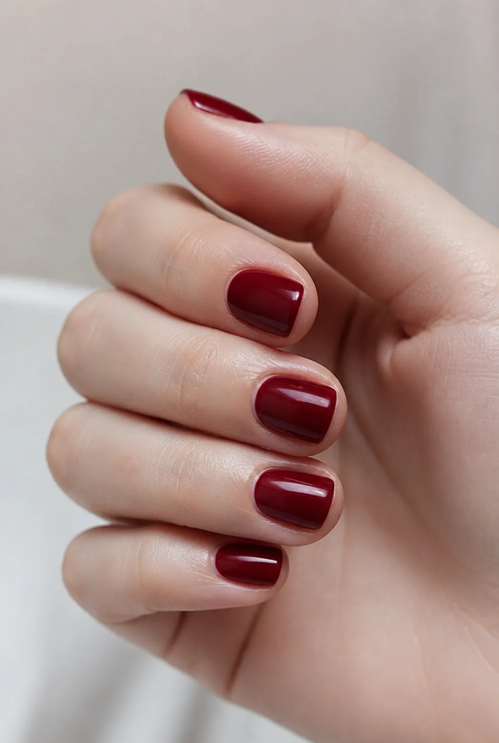 deep red power move nail art on fair skin, short length
