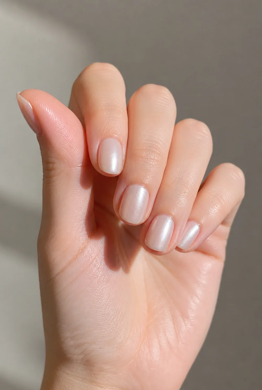 glazed neutral nail art on fair skin, short length