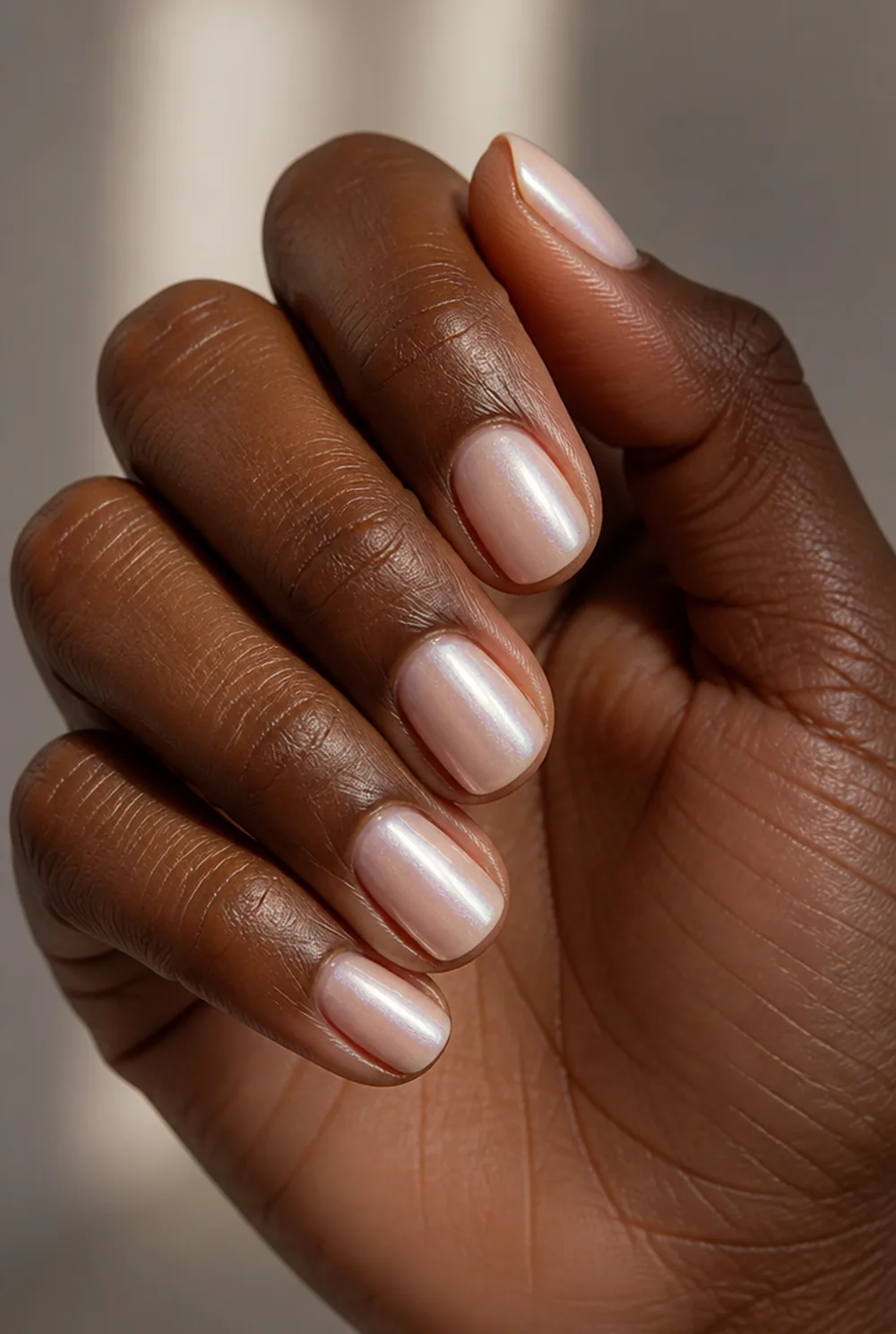 glazed neutral nail art on deep brown skin