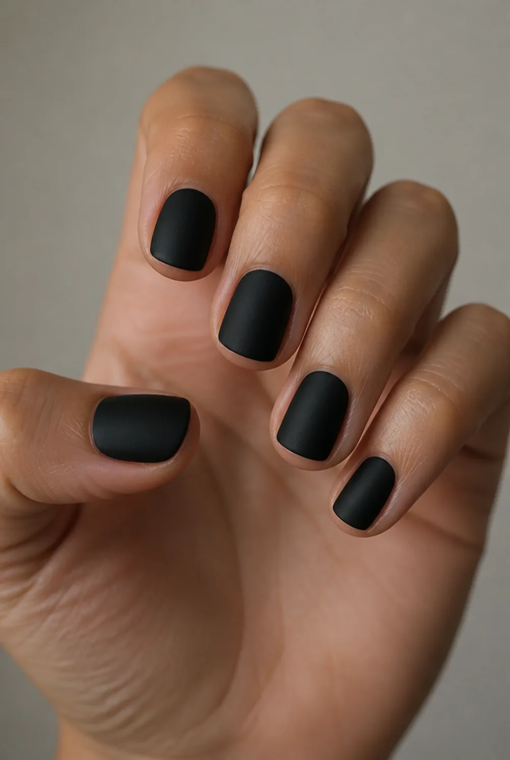 matte black tiny nail art on olive skin, long length