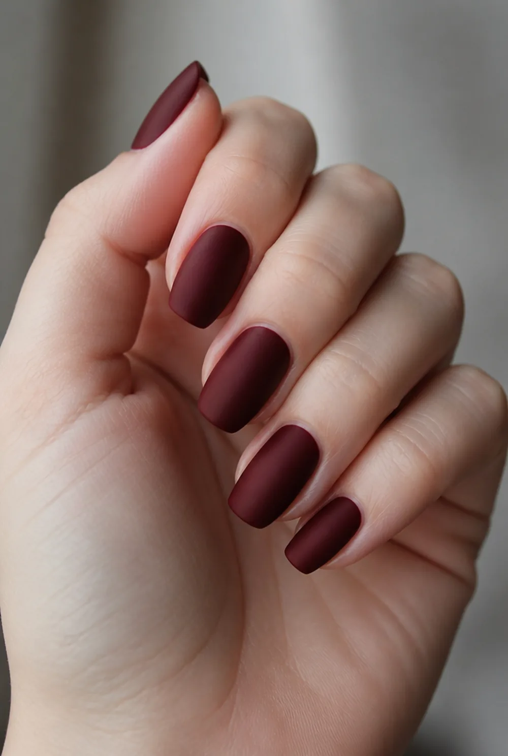 vampy oxblood matte nail art on fair skin, short length