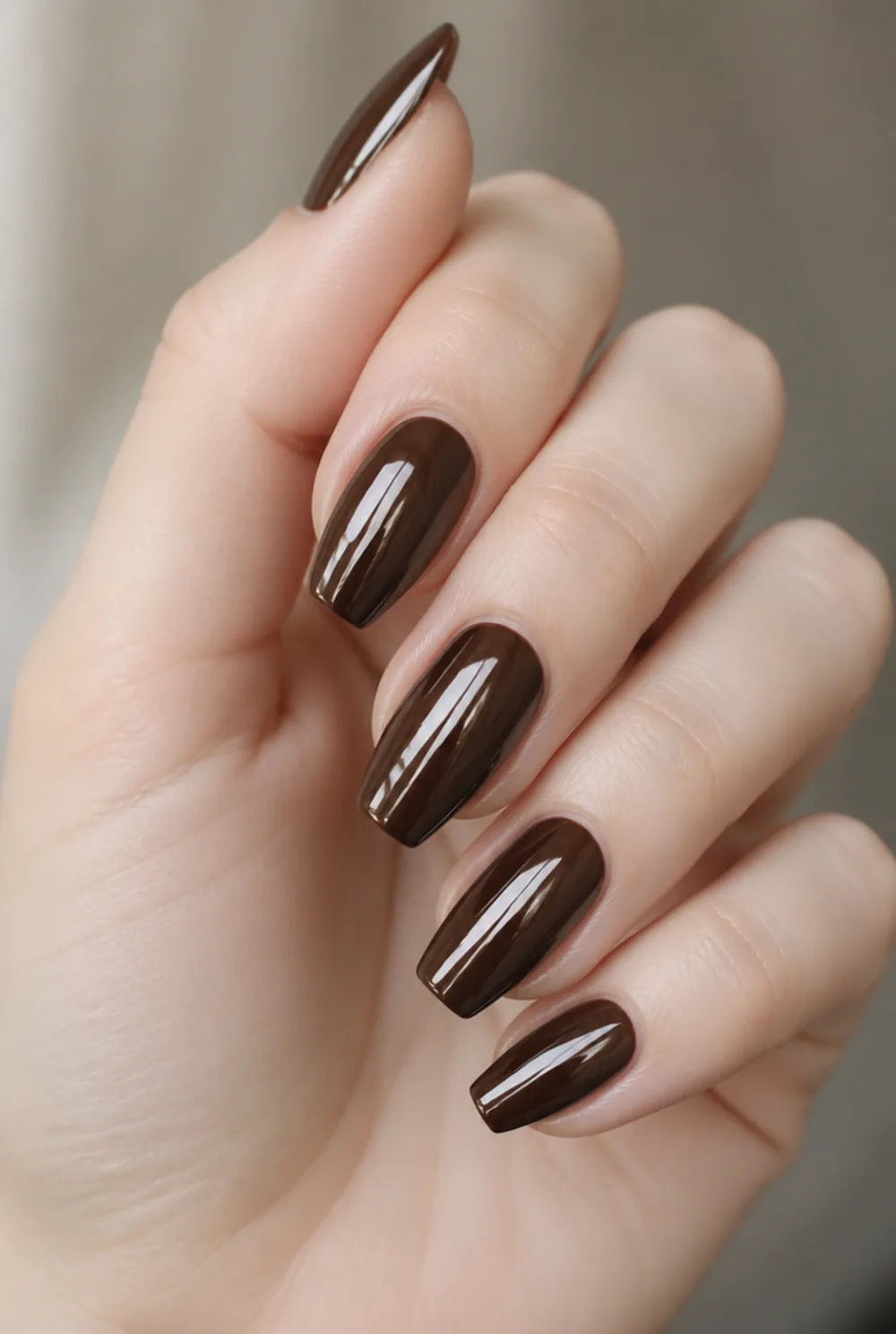 chocolate chrome nail art on fair skin, short length