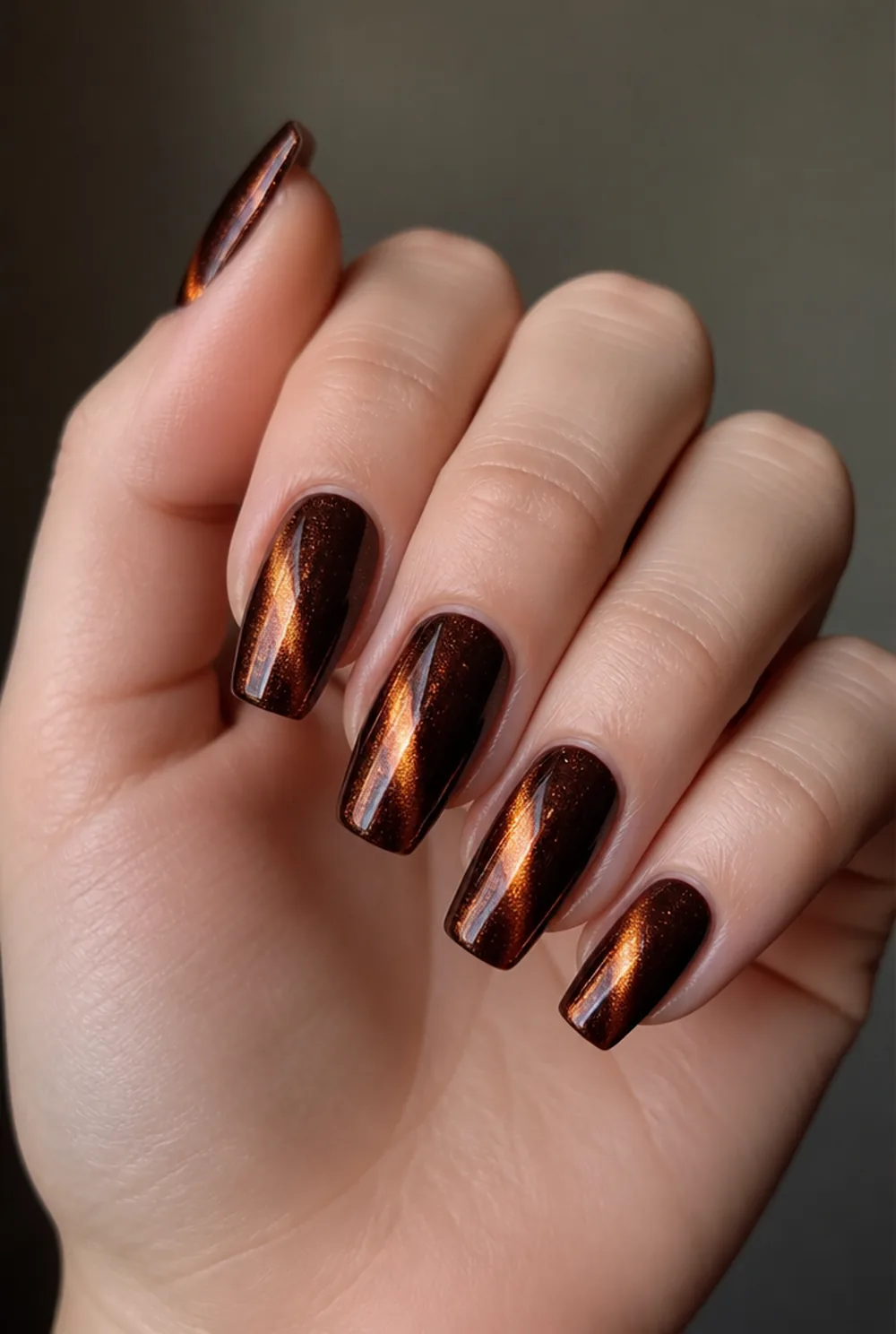 copper cat eye coffin nail art on fair skin, short length