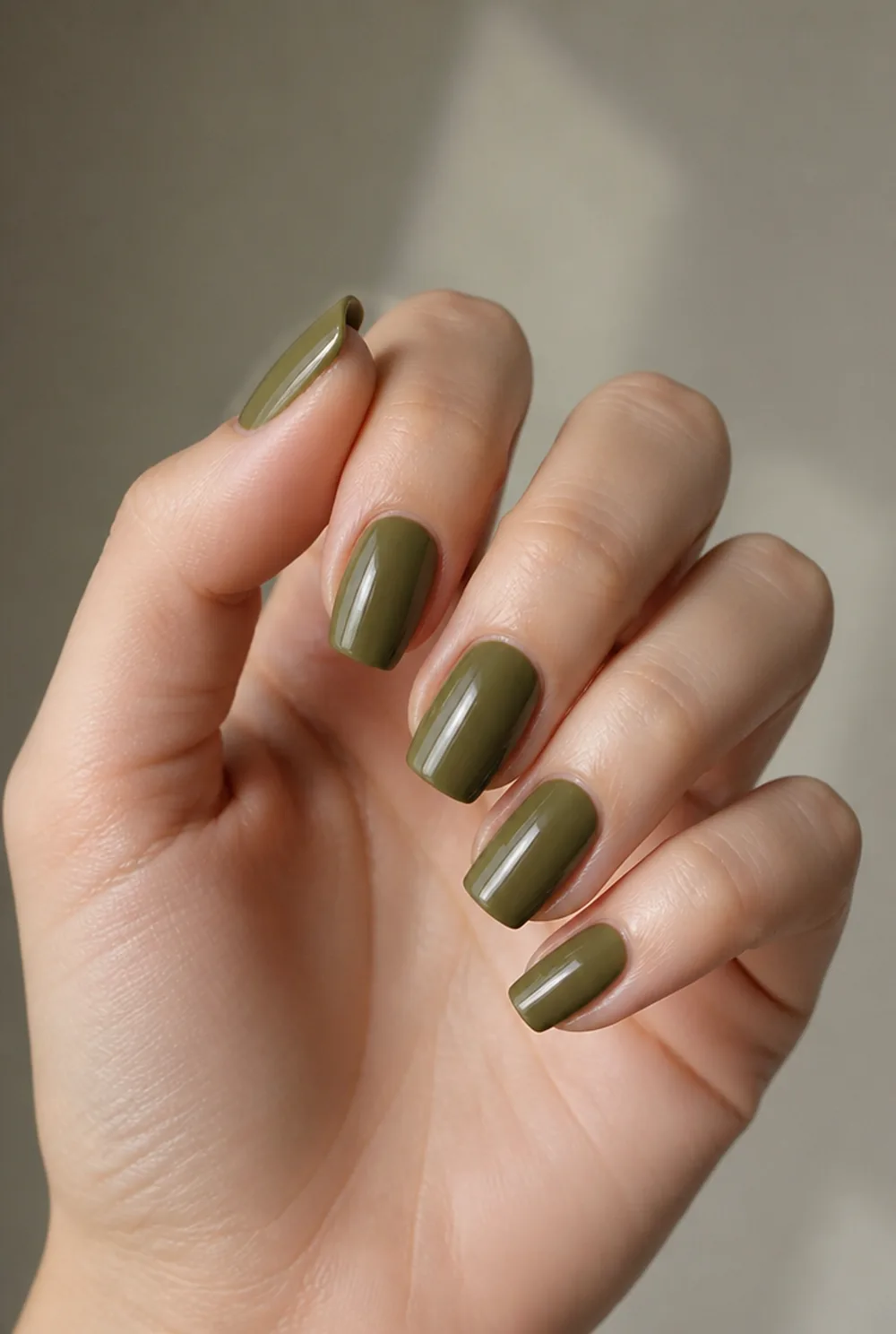 olive creme coffin nail art on fair skin, short length