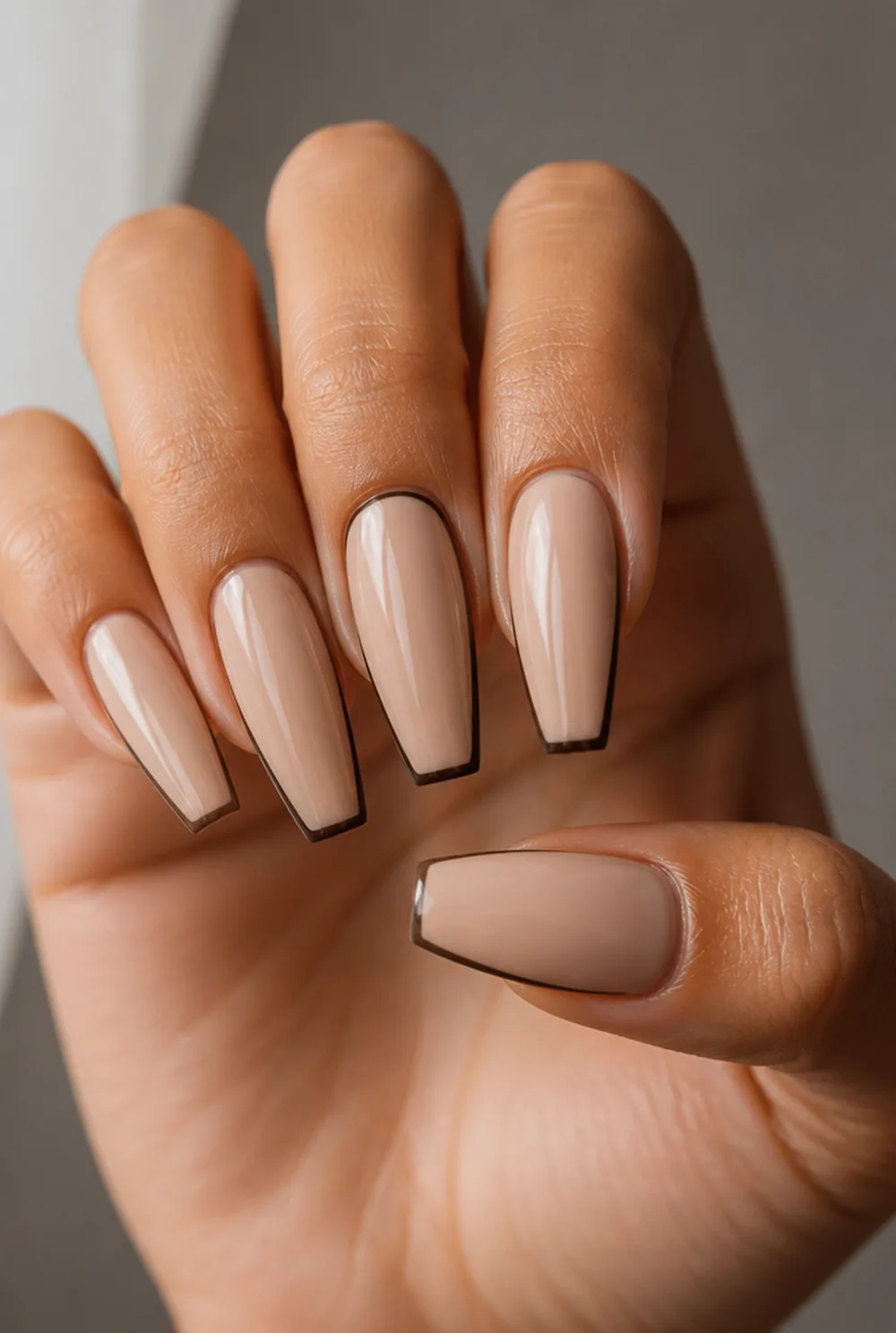 espresso border nails nail art on olive skin, long length