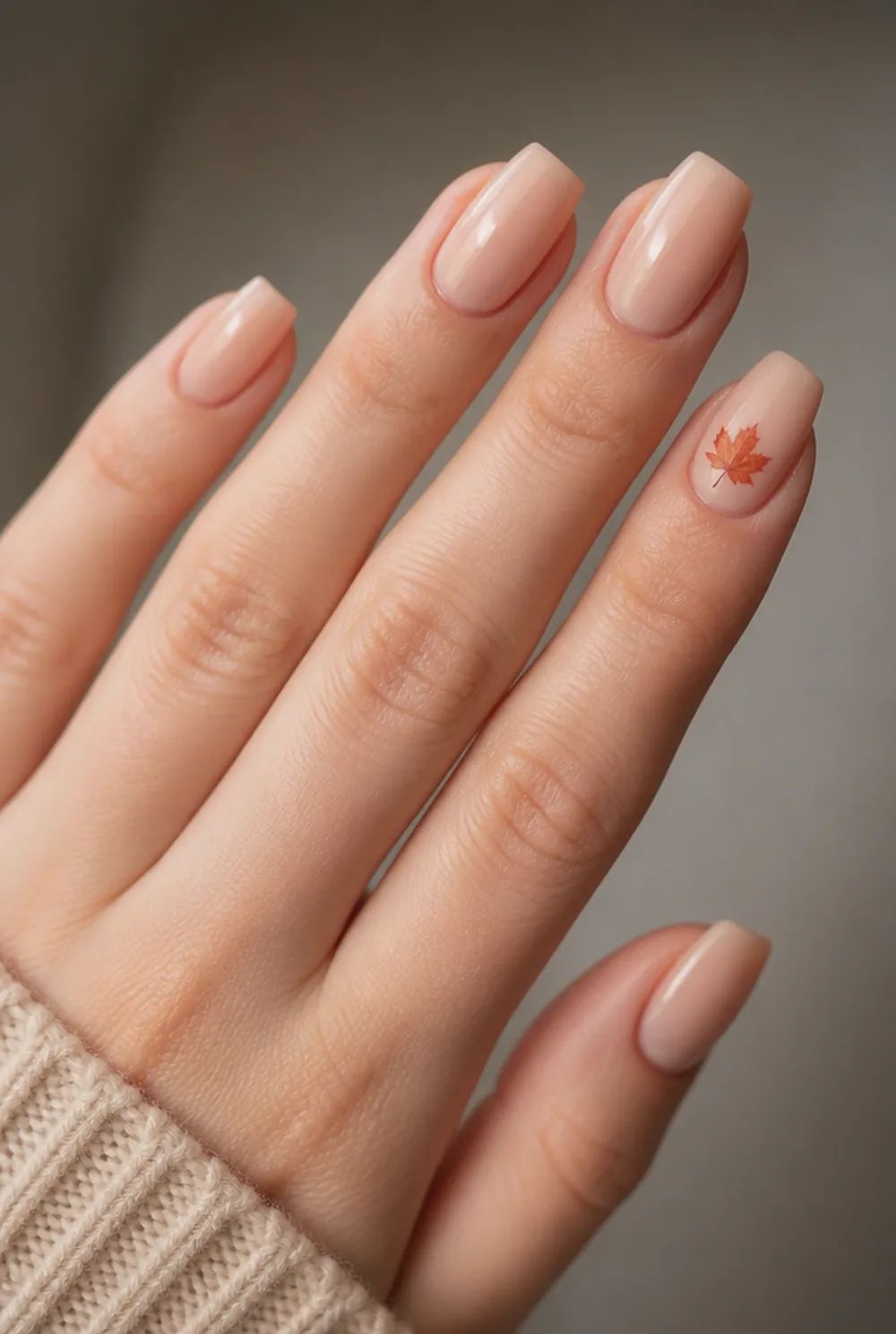 maple leaf on sheer nude nail art on fair skin, short length