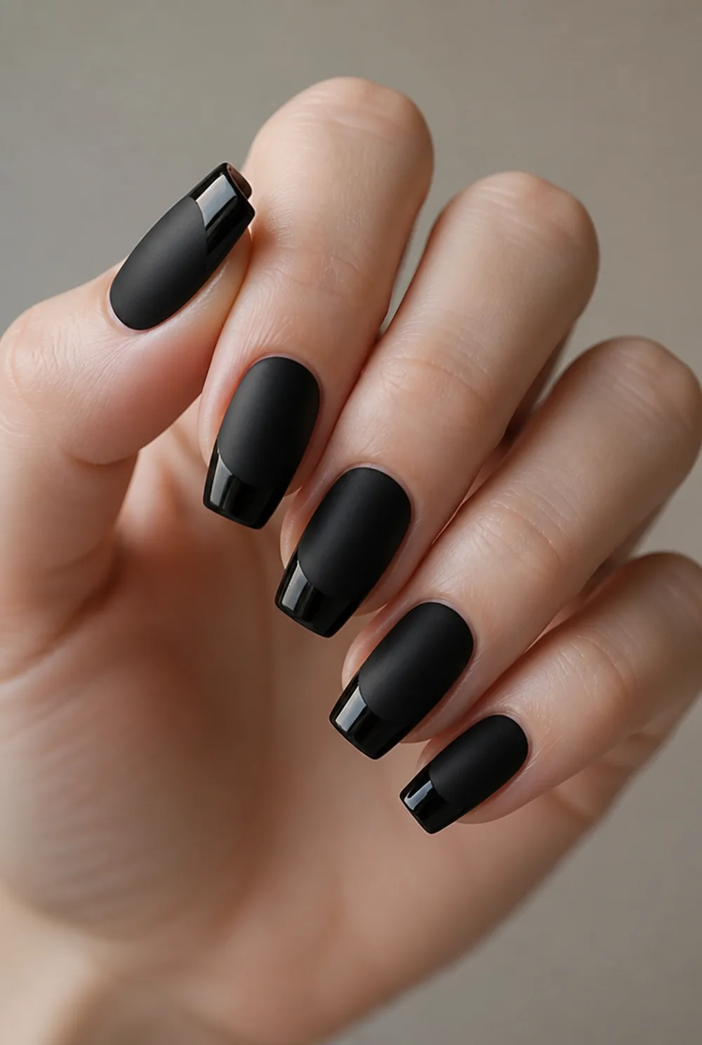 matte black with glossy tips nail art on fair skin, short length