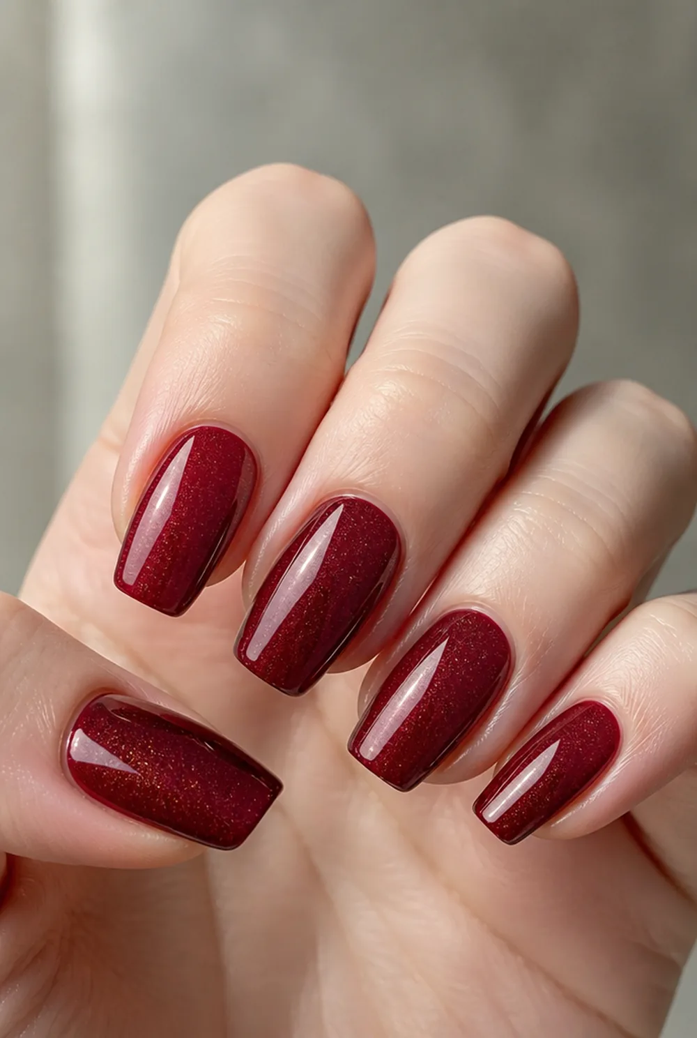 cranberry shimmer nail art on fair skin, short length