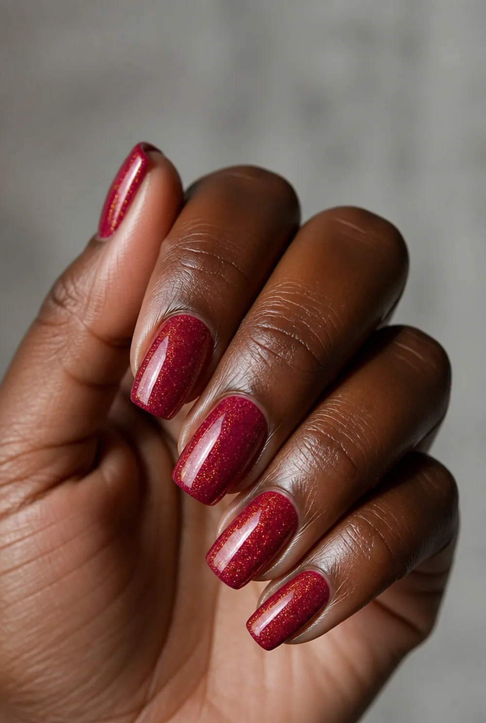 cranberry shimmer nail art on deep brown skin