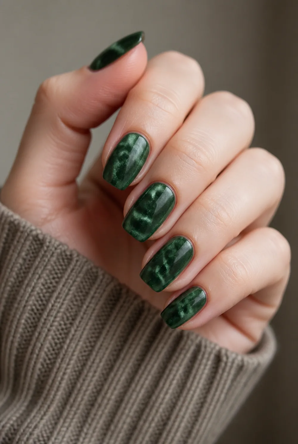 forest green velvet nail art on fair skin, short length